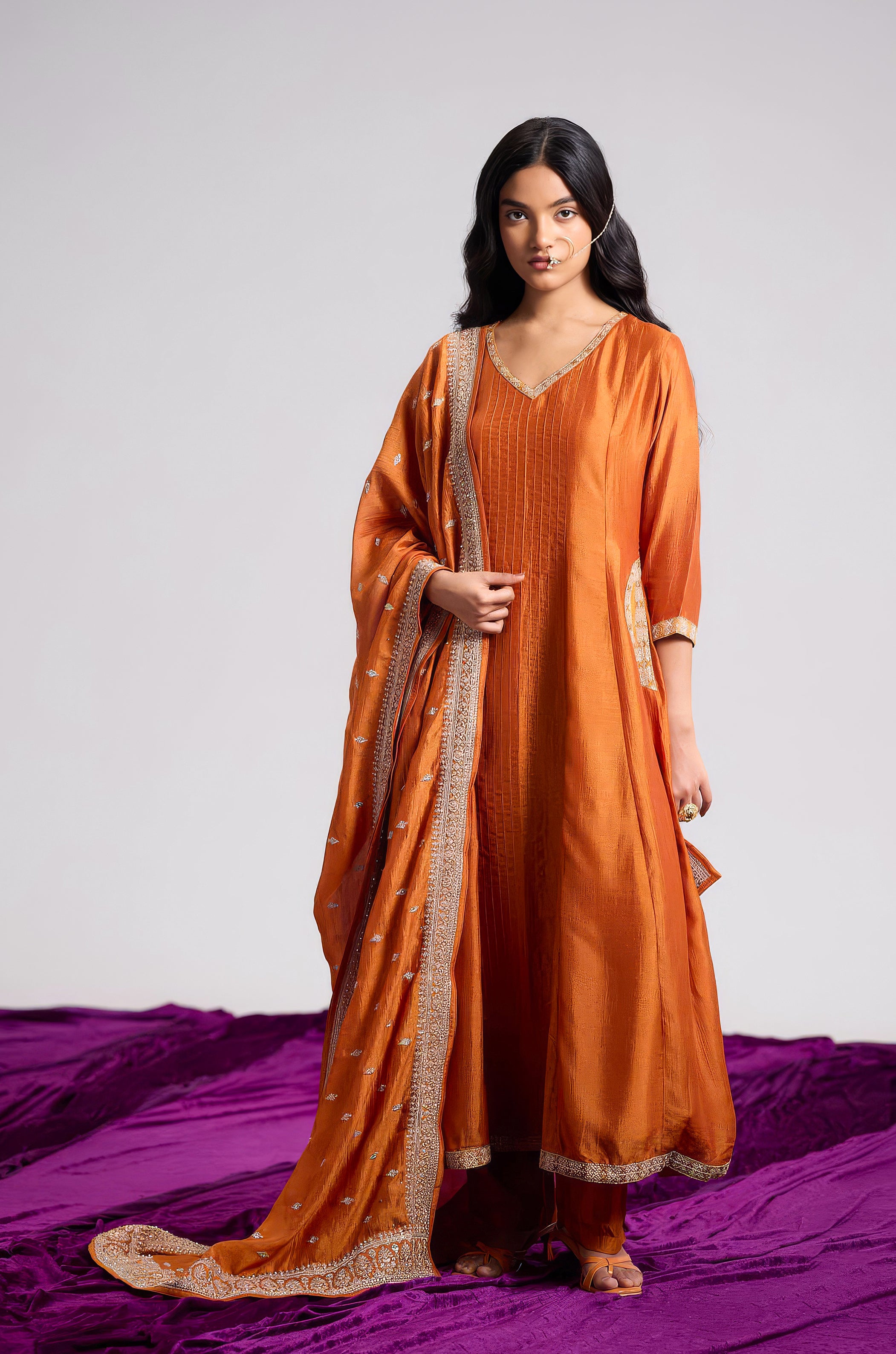 Rust Orange Embellished Chinon Silk Pant Set