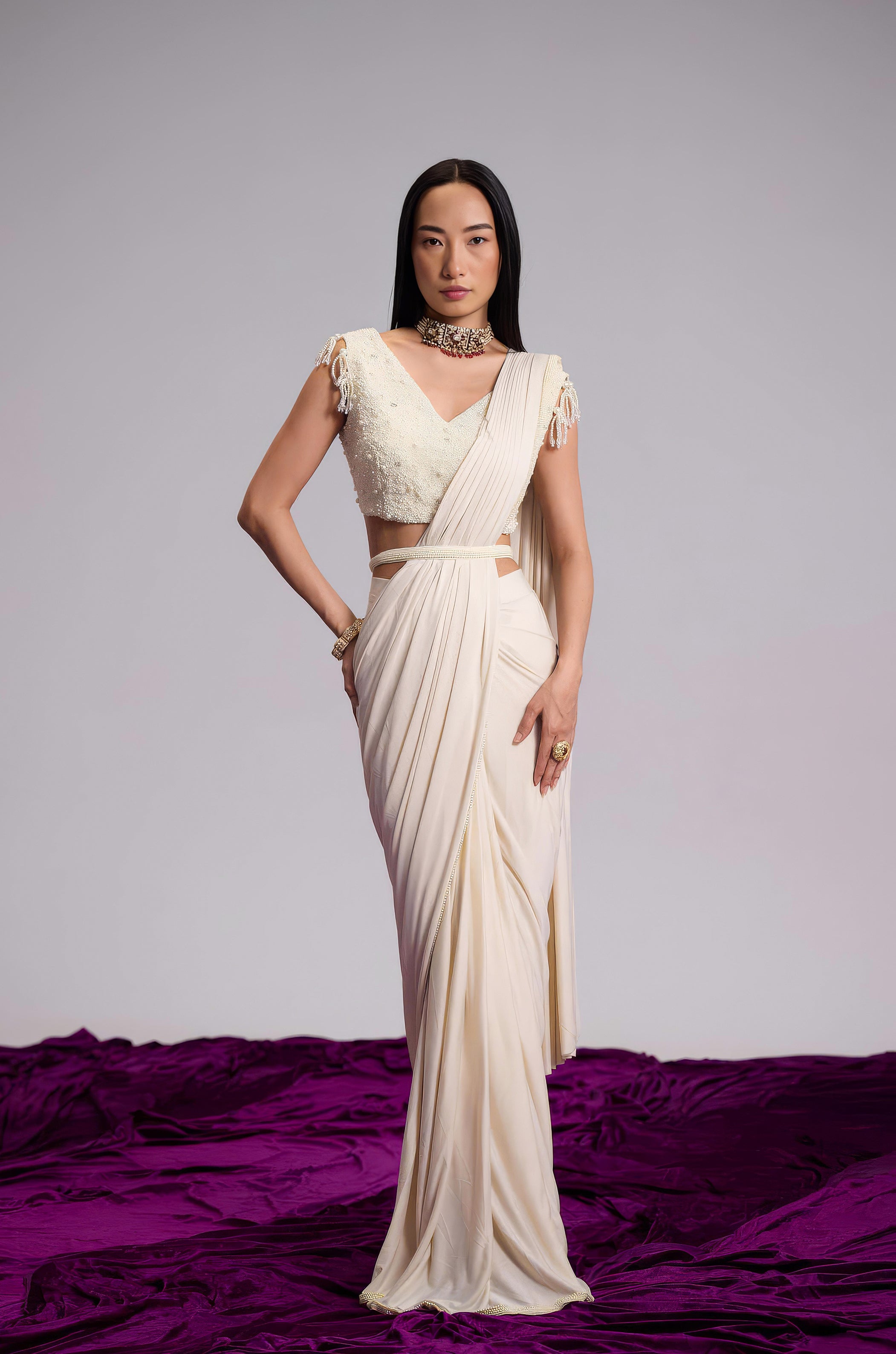 Off-White Embellished Lycra Silk Draped Saree
