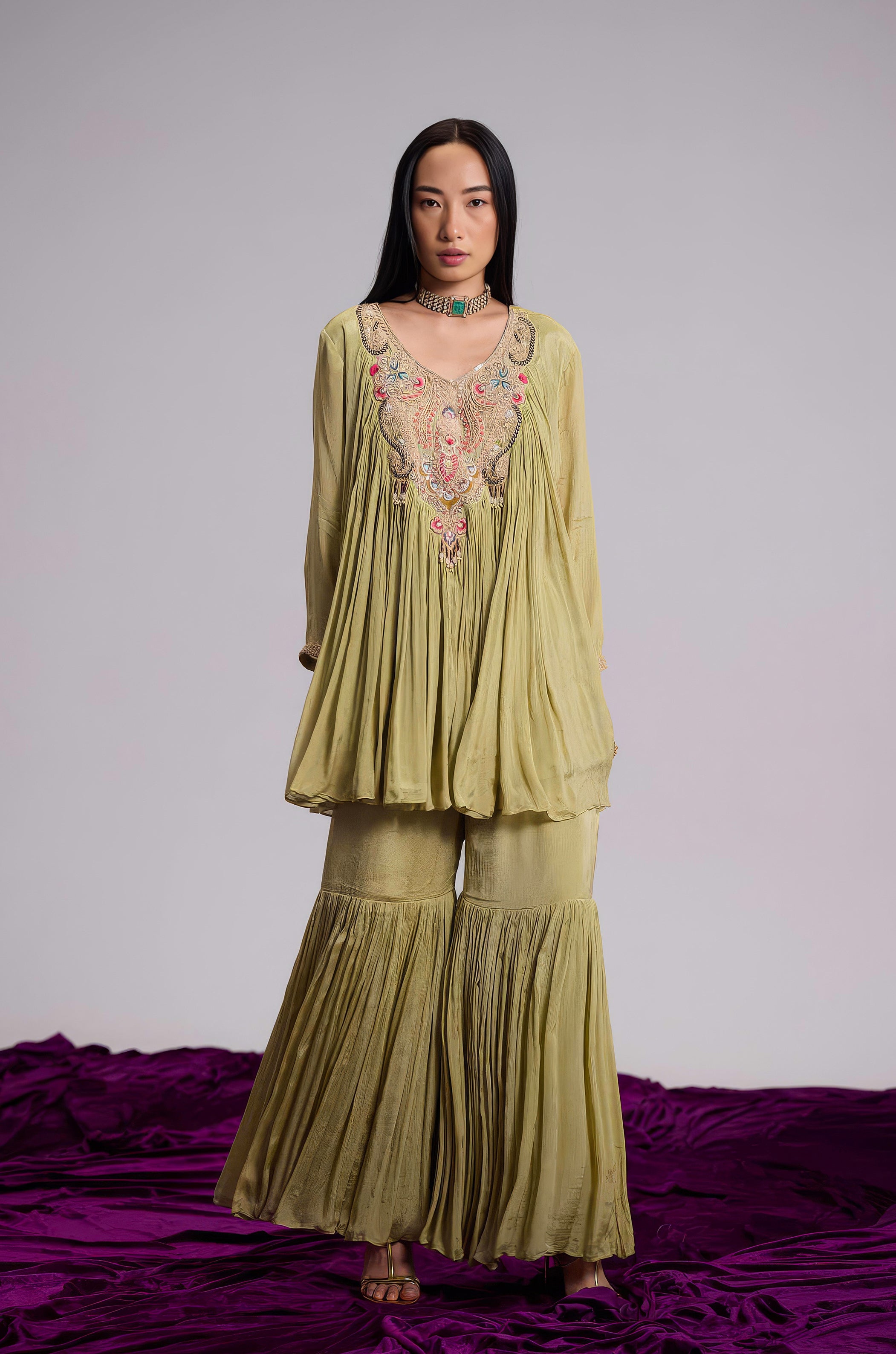 Light Green Embellished Chinon Silk Sharara Set