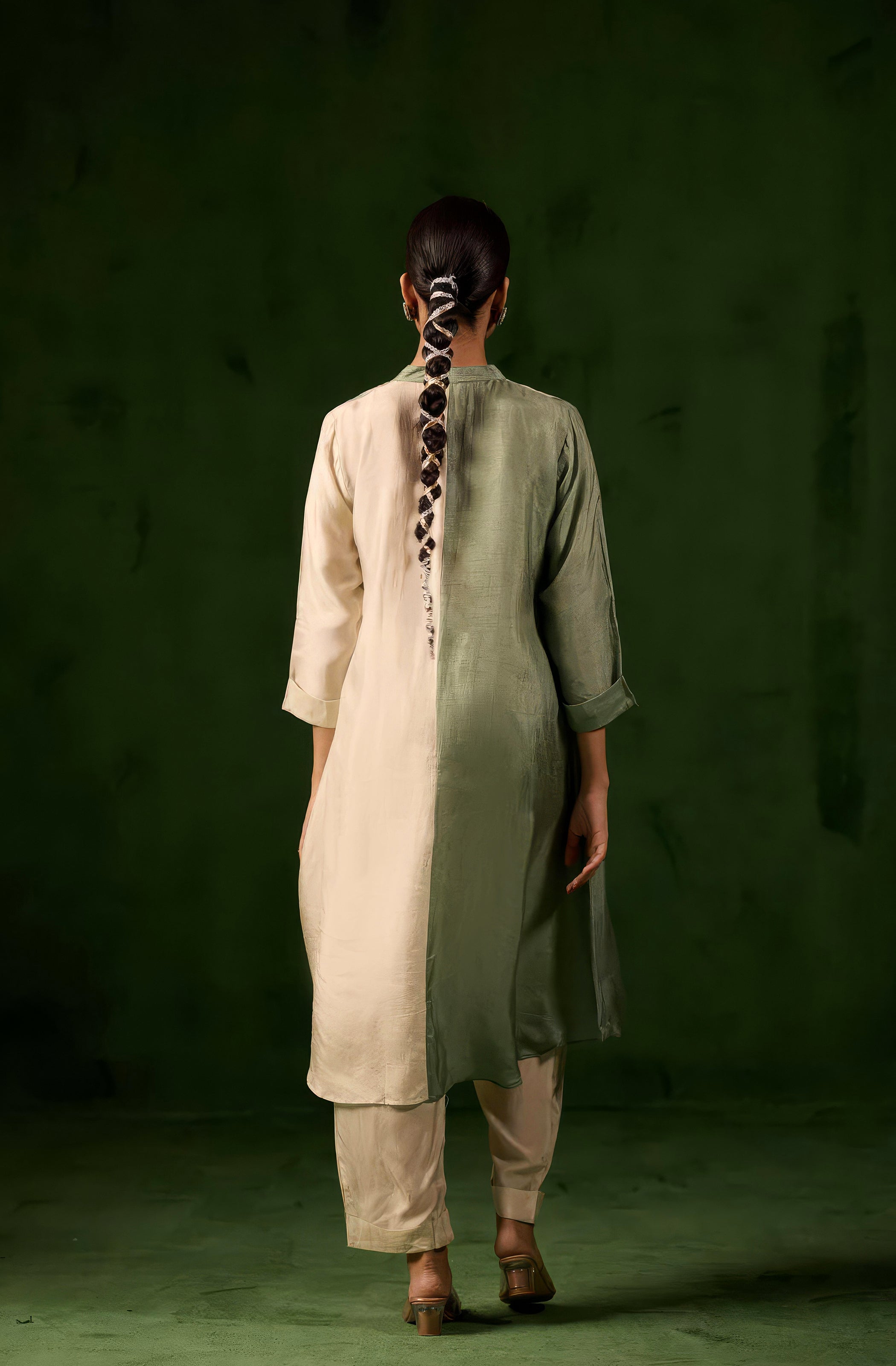 Green & White Embroidered Raw Silk Kurta Set
