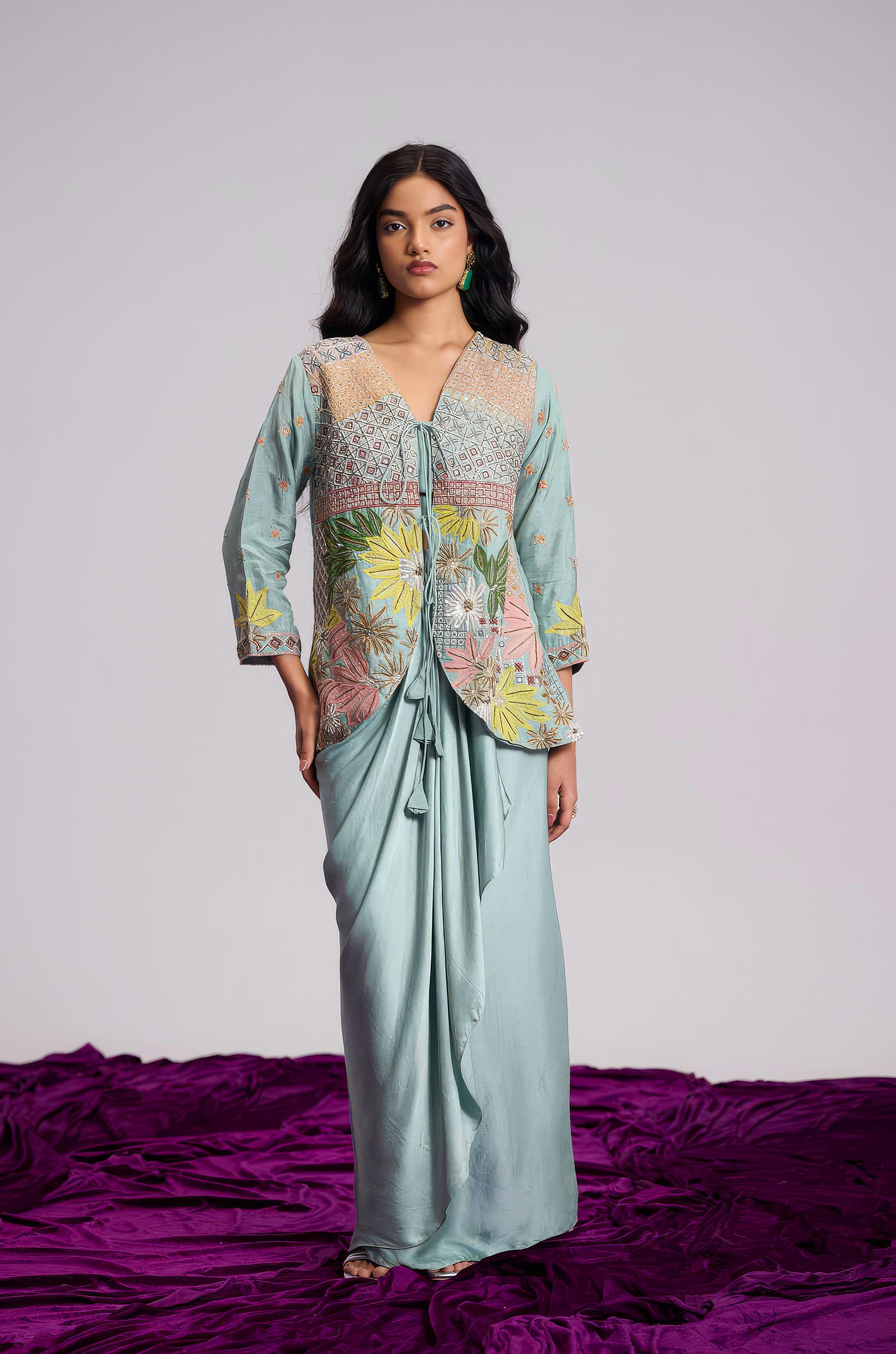 Aqua Blue Embellished Satin Silk Skirt Set