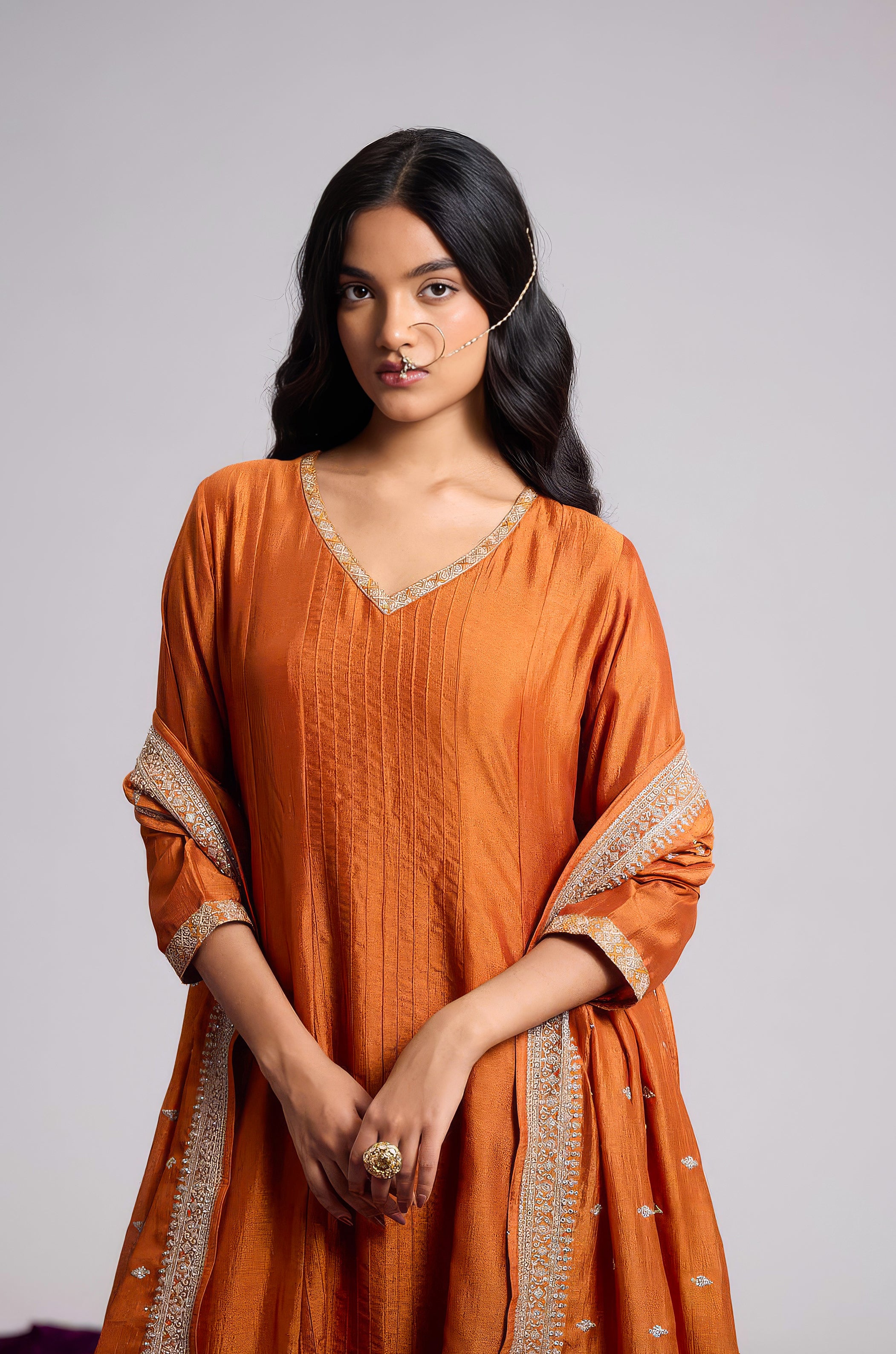 Rust Orange Embellished Chinon Silk Pant Set