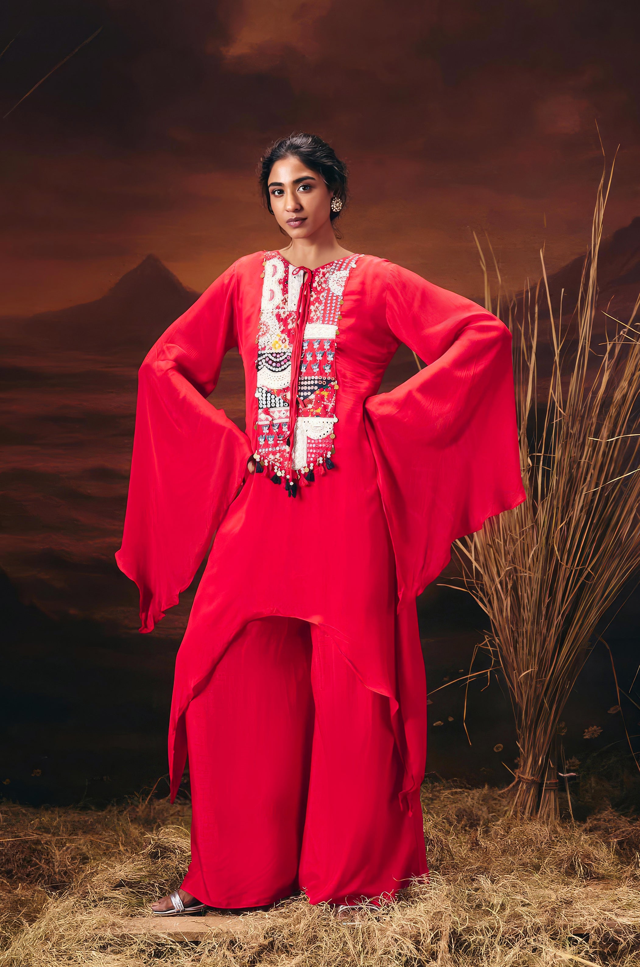 Scarlet Red Embellished Chinon Silk Palazzo Set