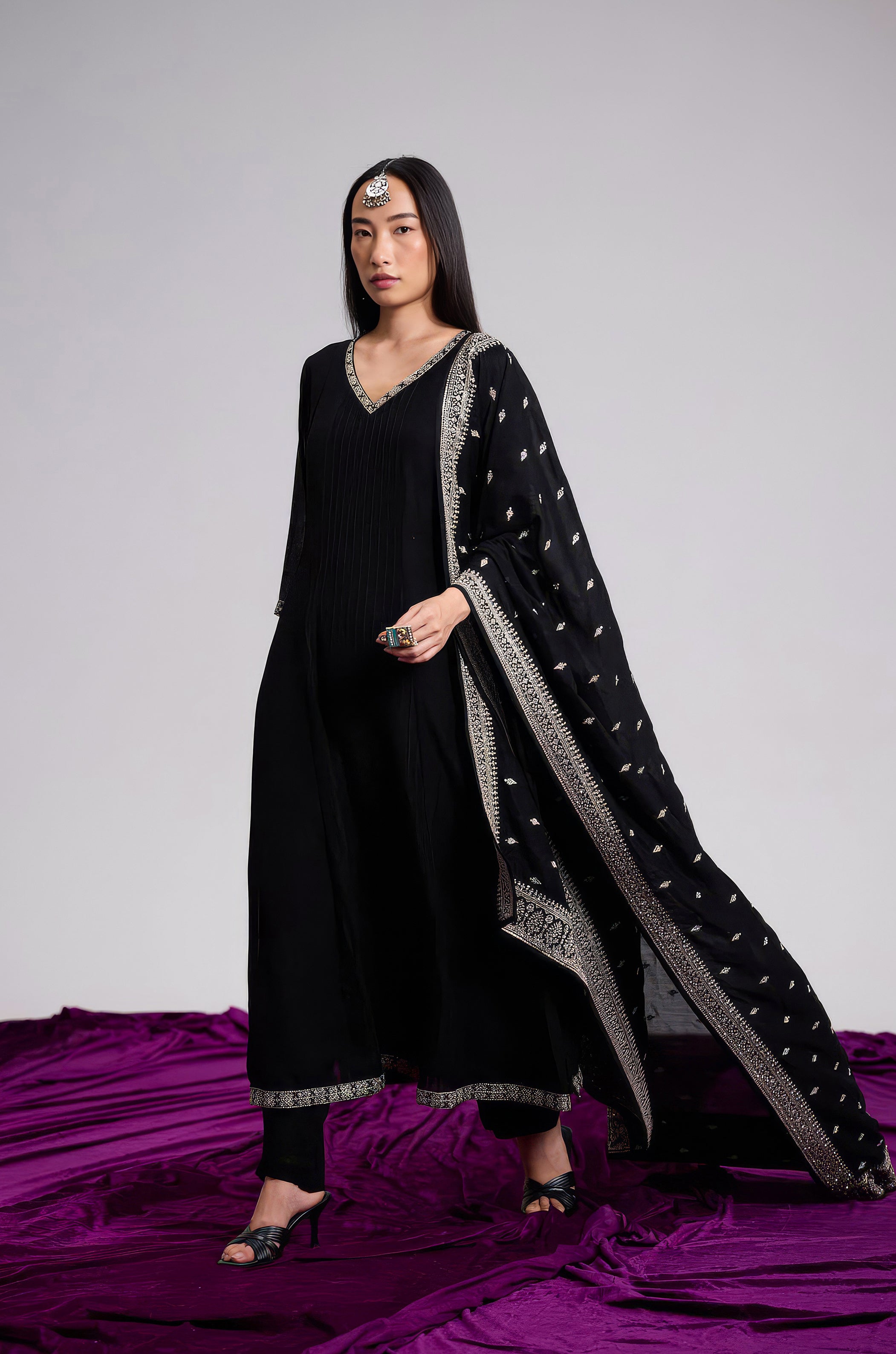 Midnight Black Embellished Chinon Silk Pant Set