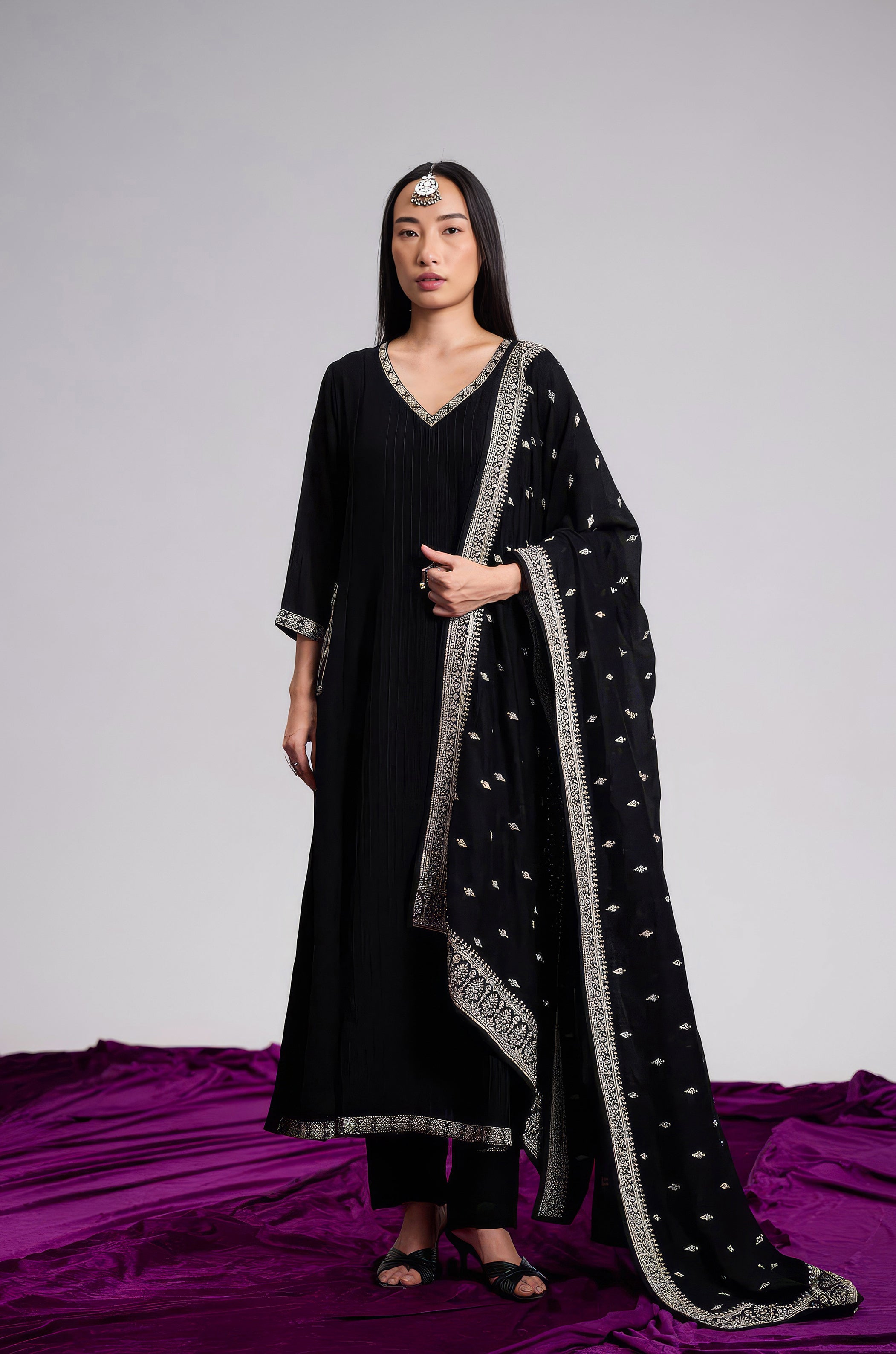 Midnight Black Embellished Chinon Silk Pant Set
