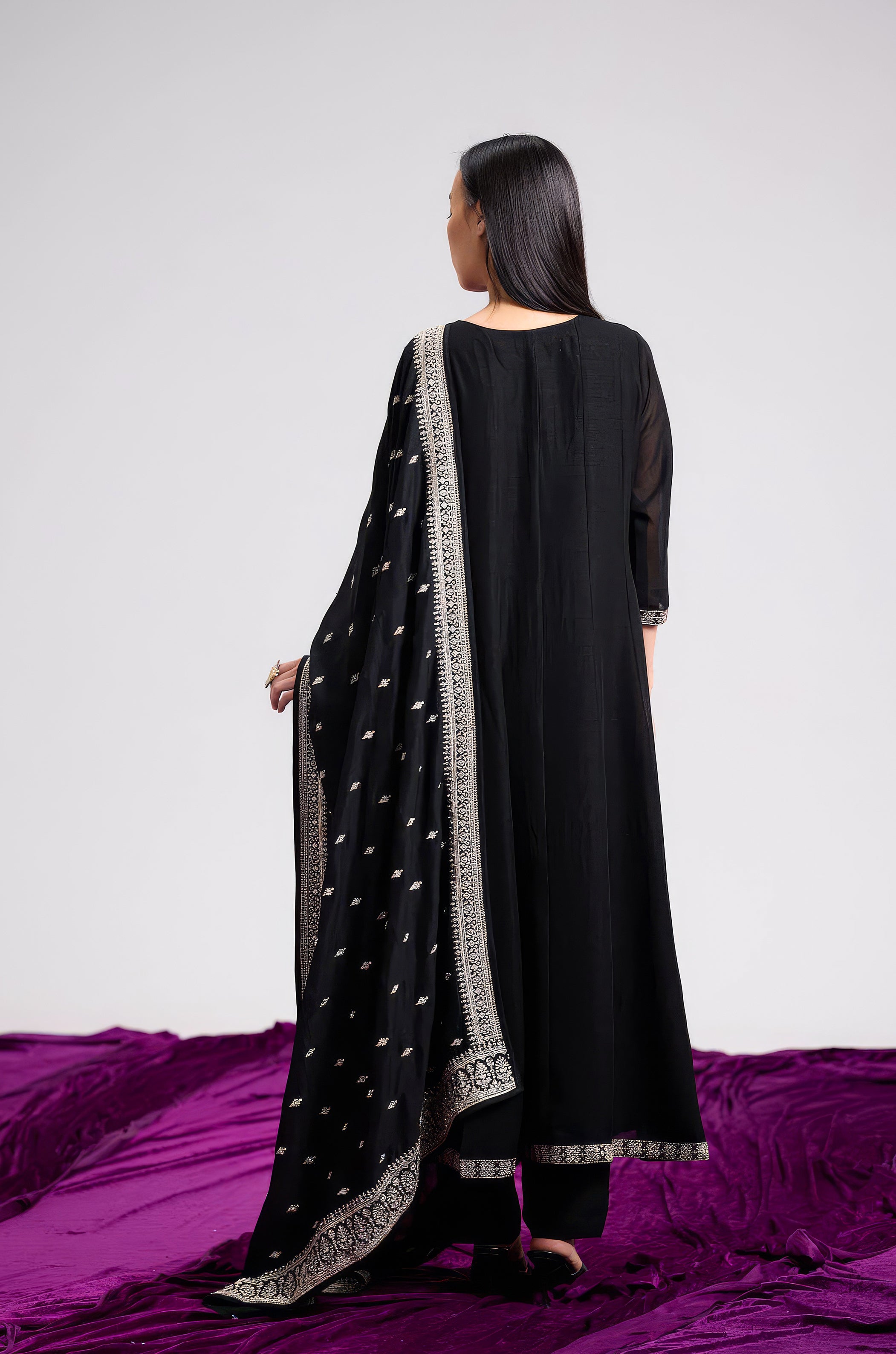 Midnight Black Embellished Chinon Silk Pant Set