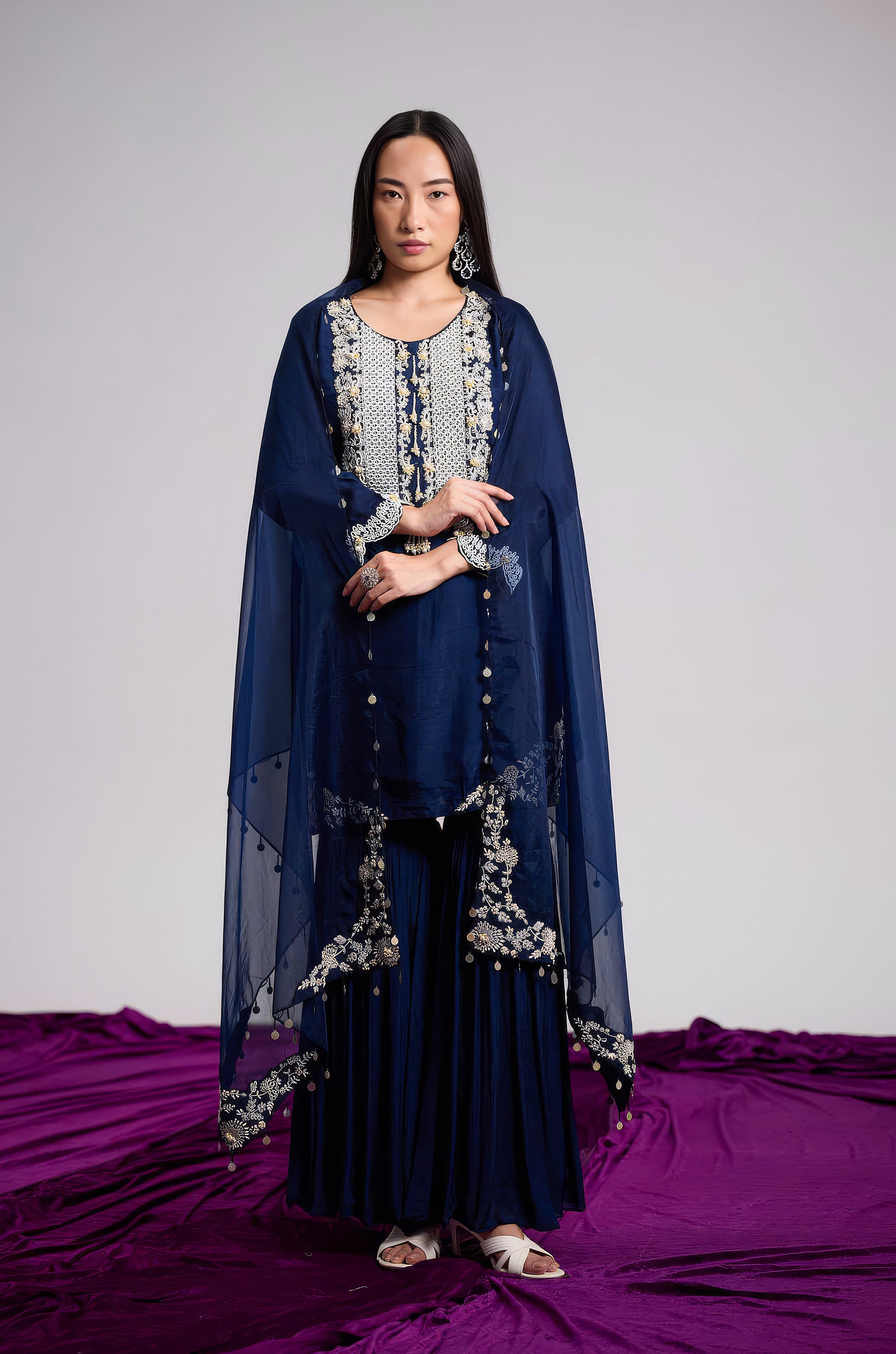 Deep Indigo Embellished Raw Silk Sharara Set