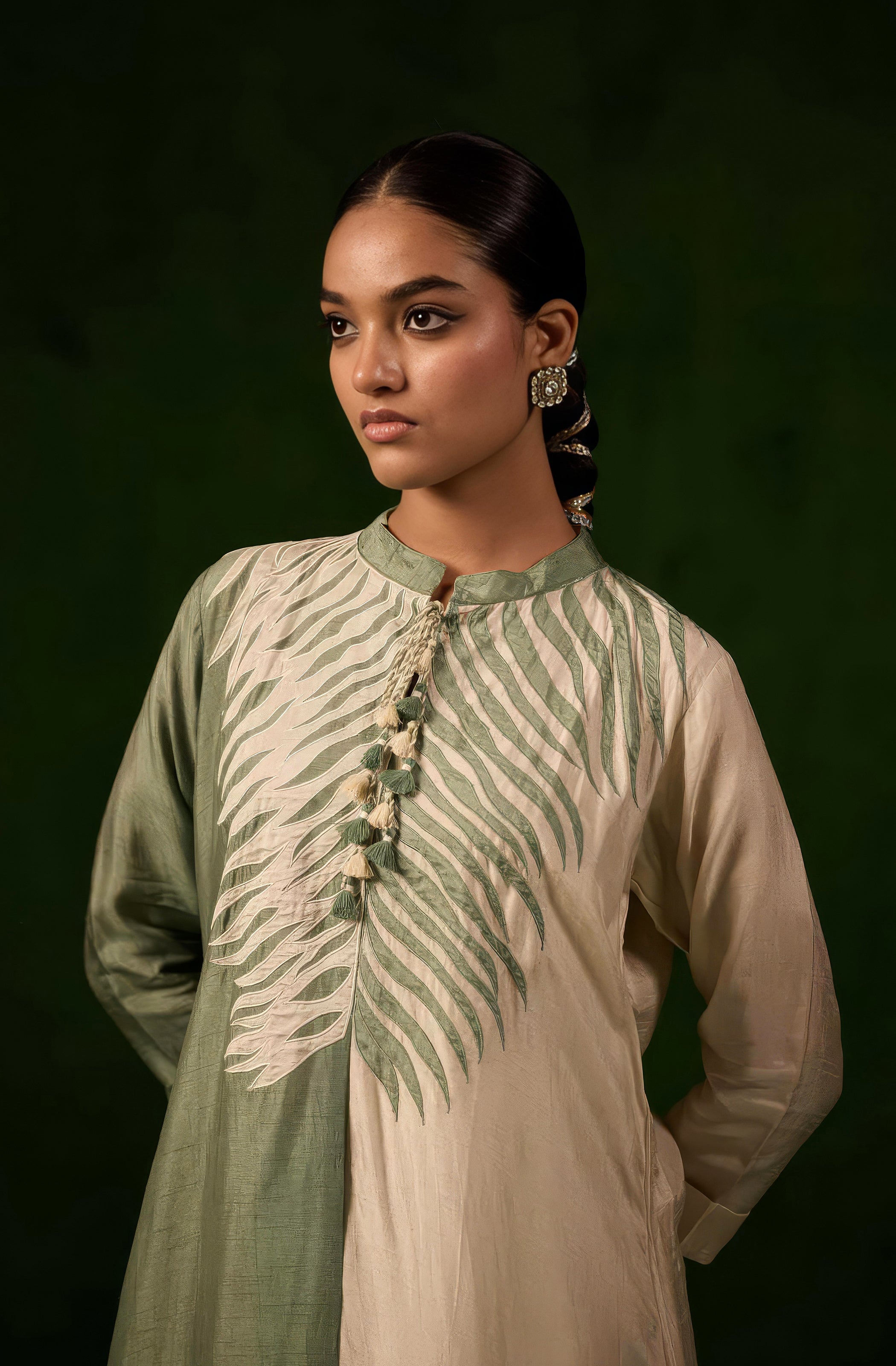 Green & White Embroidered Raw Silk Kurta Set
