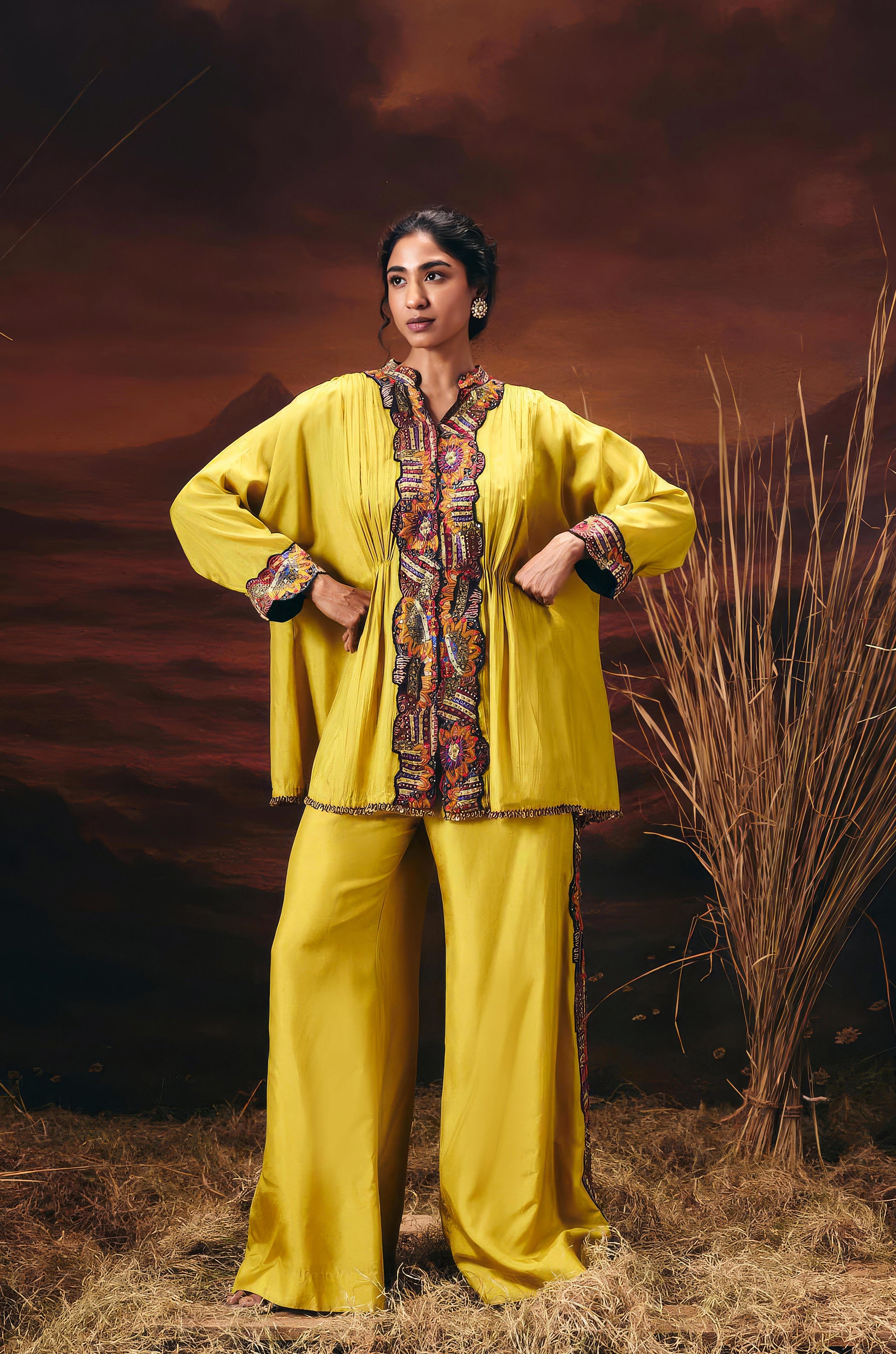 Mustard Yellow Embellished Chinon Silk Kaftan Set