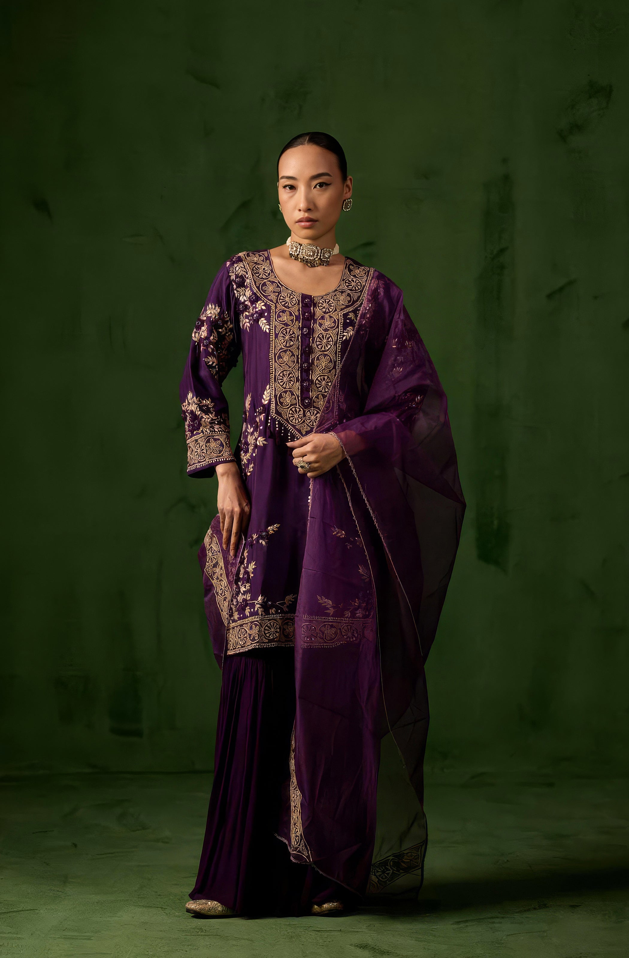 Royal Purple Embellished Raw Silk Sharara Set