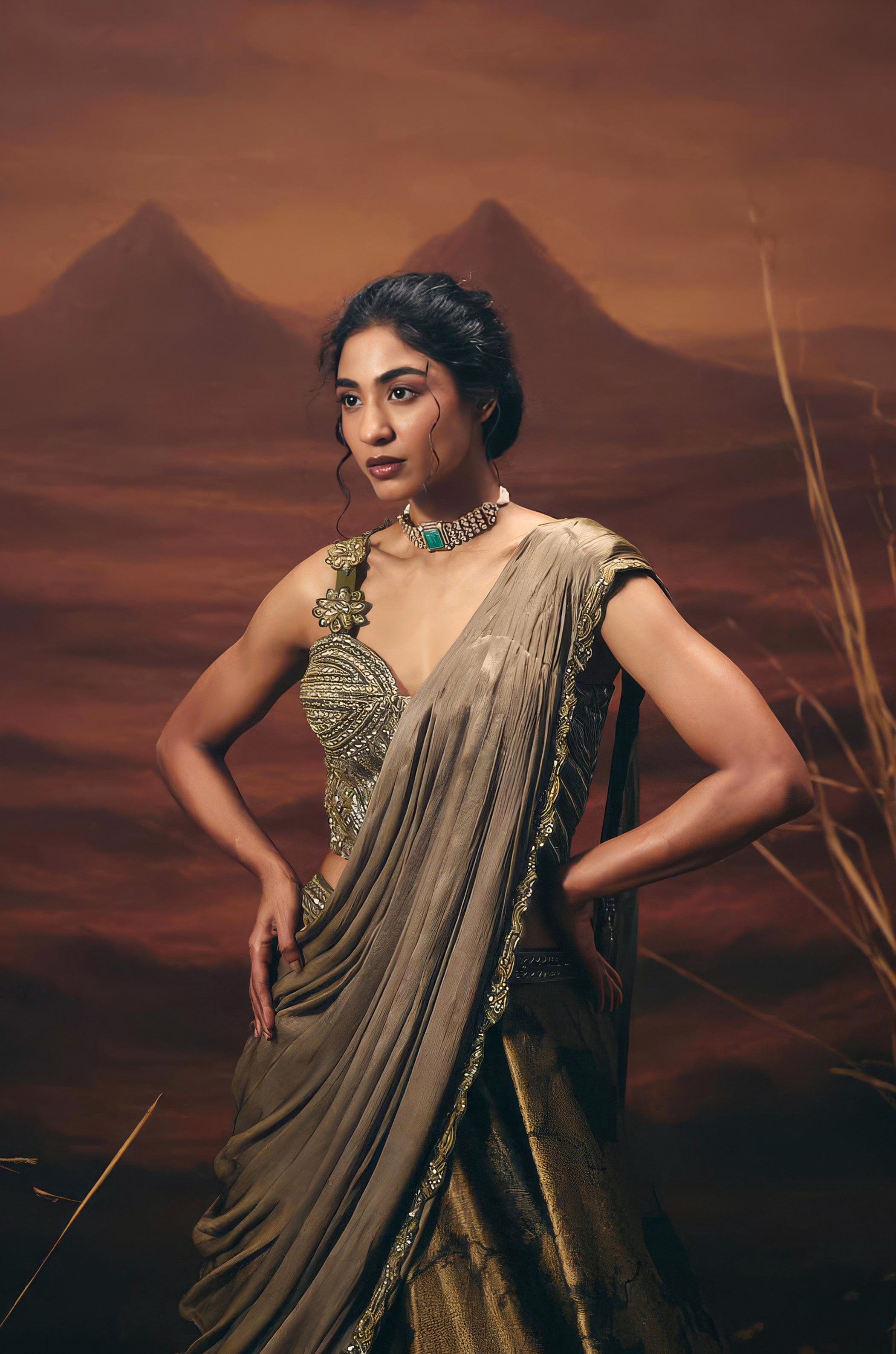 Olive Bronze Embellished Tissue Paper Silk Lehenga Set