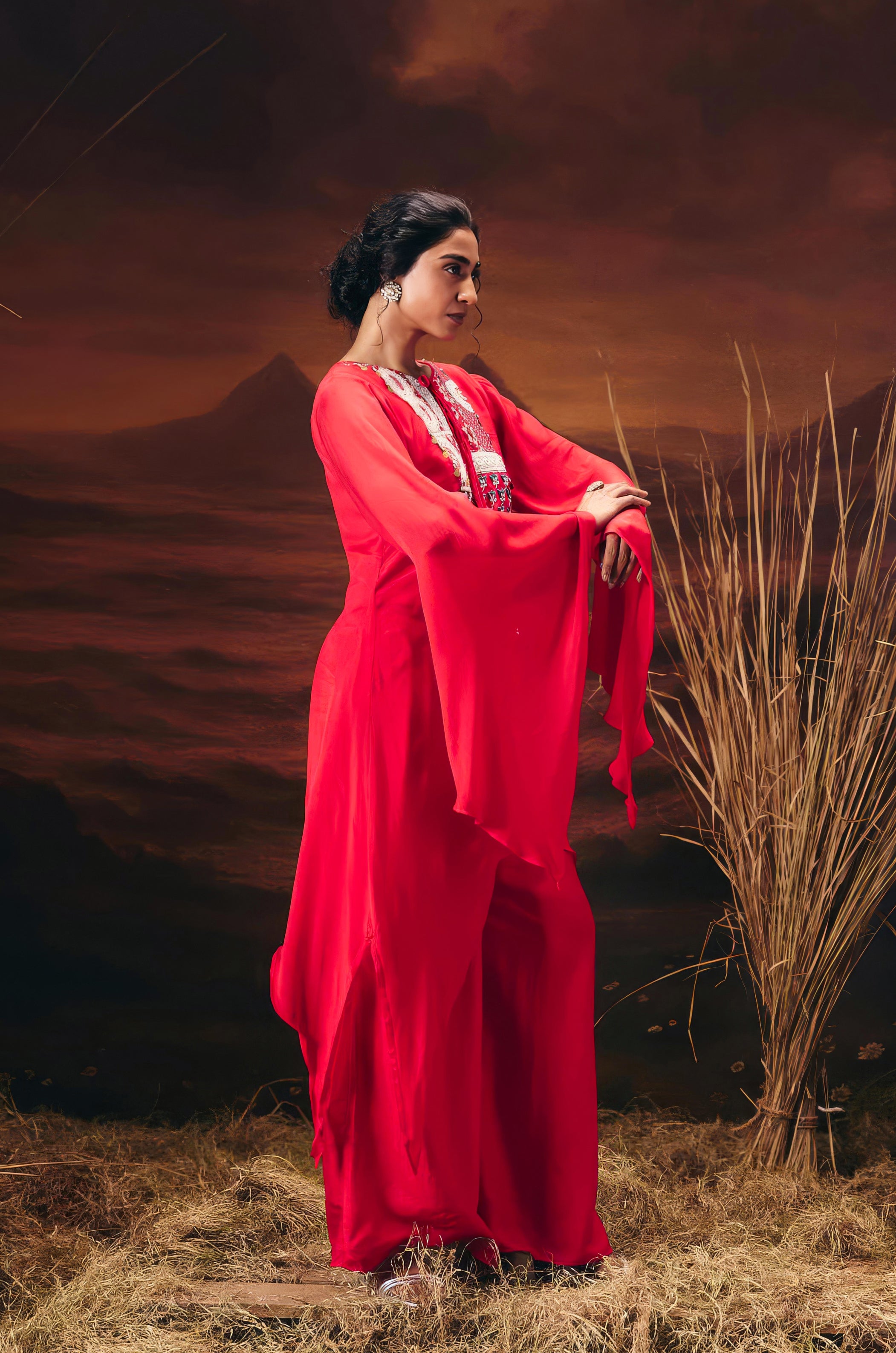 Scarlet Red Embellished Chinon Silk Palazzo Set