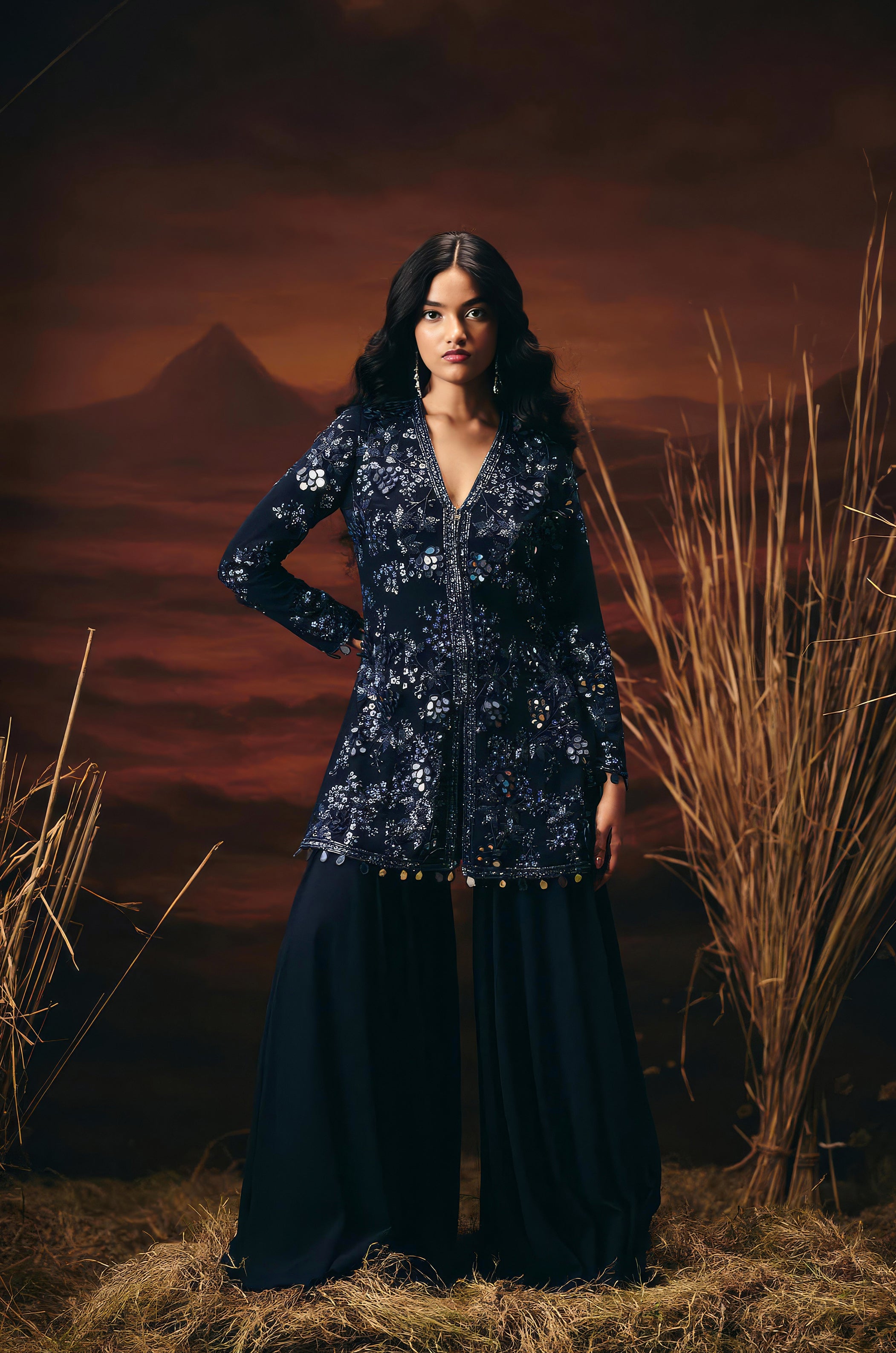 Twilight Blue Embellished Georgette Silk Sharara Set