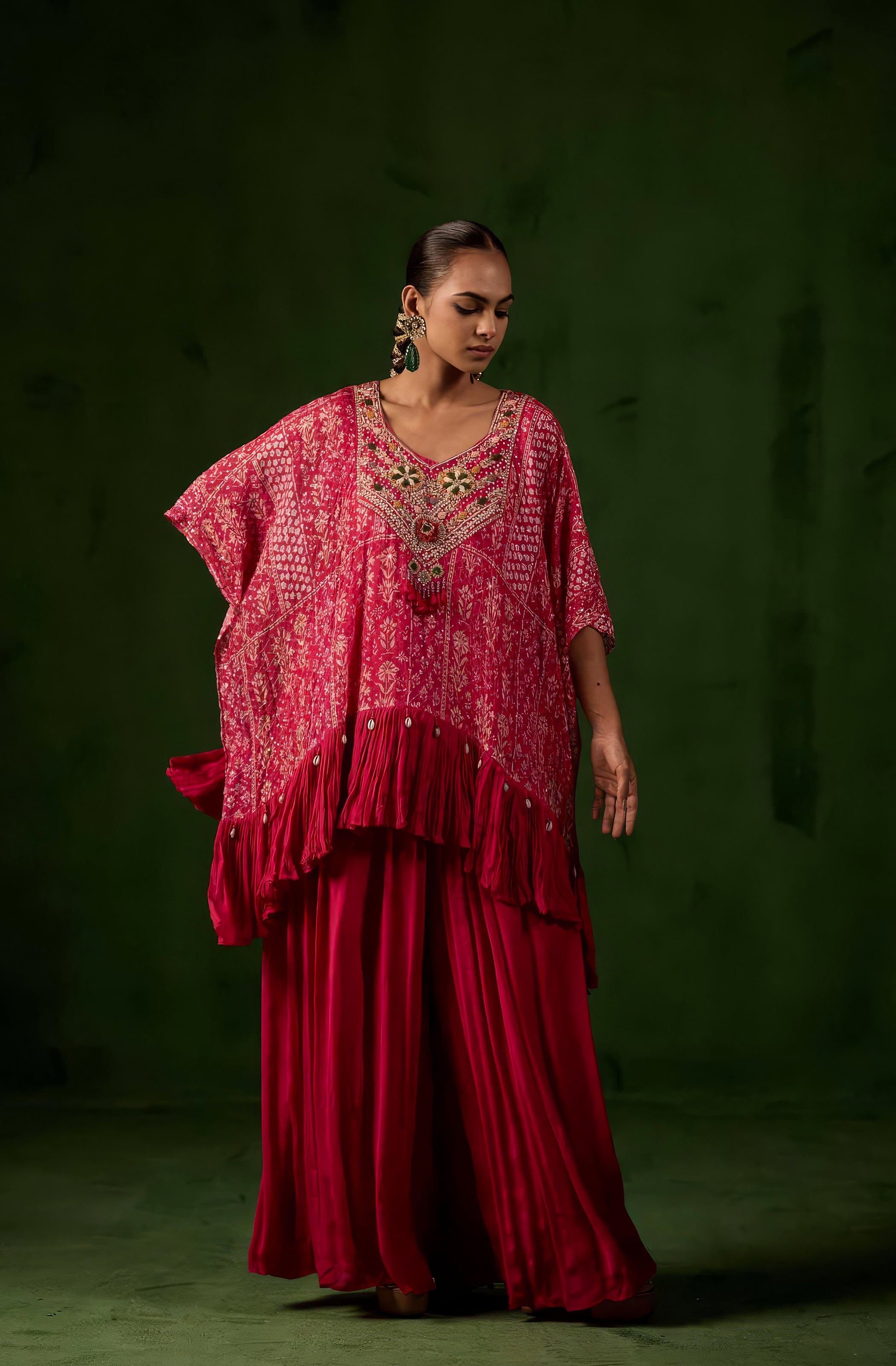 Wine Pink Embellished Chinon Silk Kaftan Set