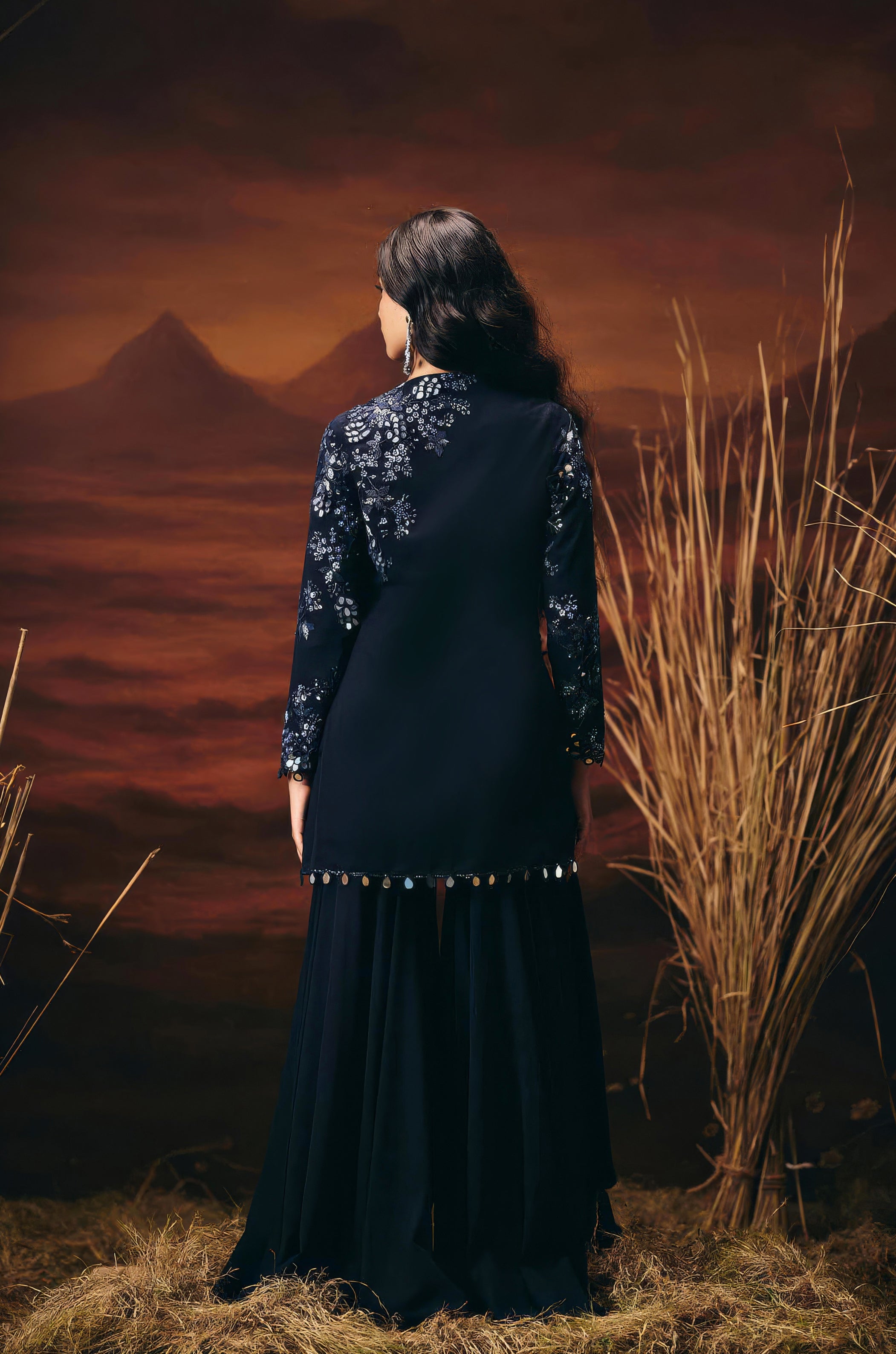 Twilight Blue Embellished Georgette Silk Sharara Set