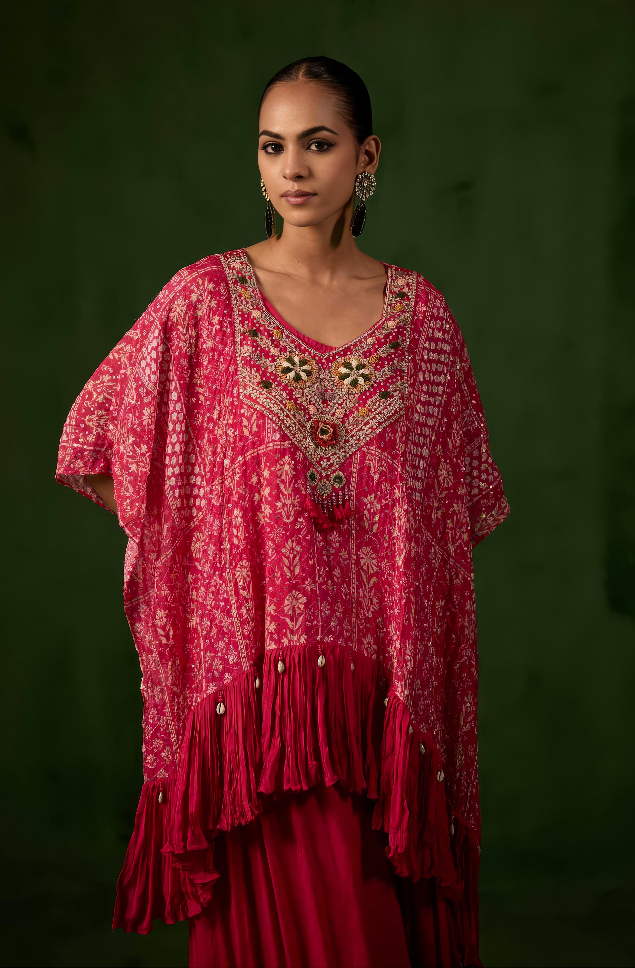 Wine Pink Embellished Chinon Silk Kaftan Set