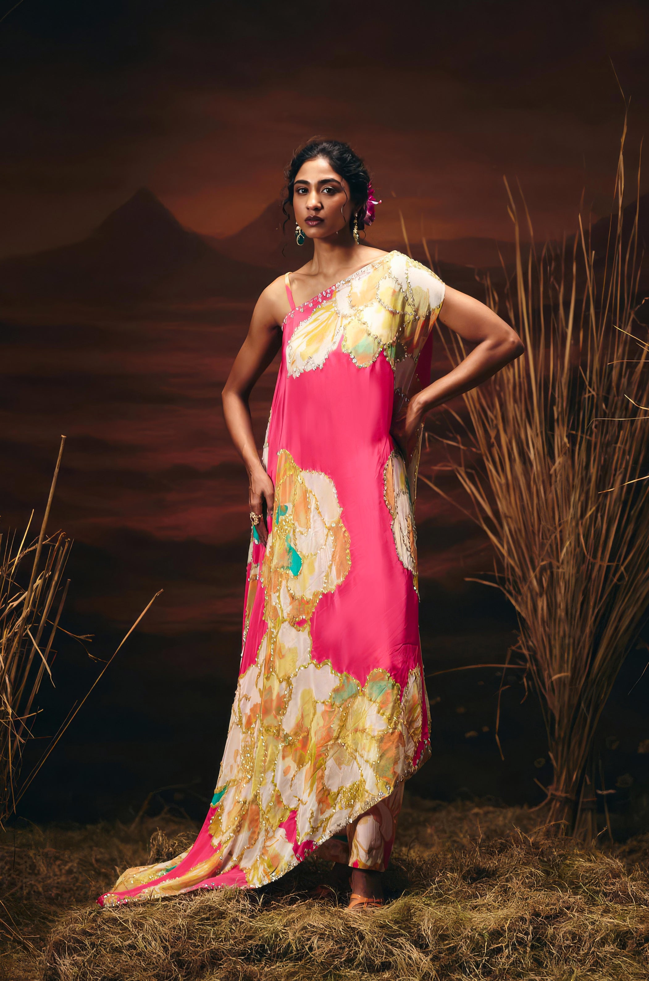 Flamingo Pink Embellished Satin Silk Kaftan Set