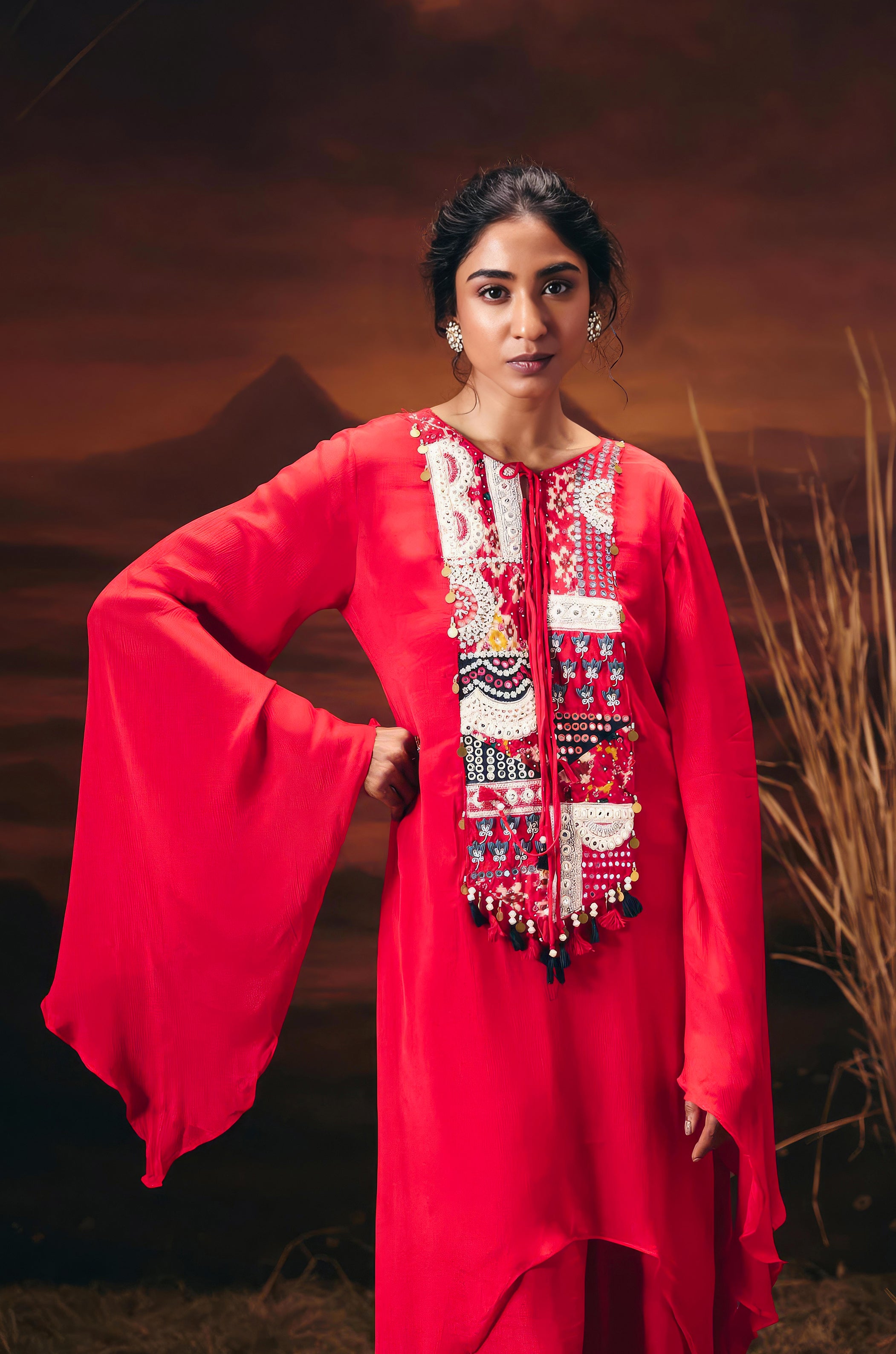 Scarlet Red Embellished Chinon Silk Palazzo Set