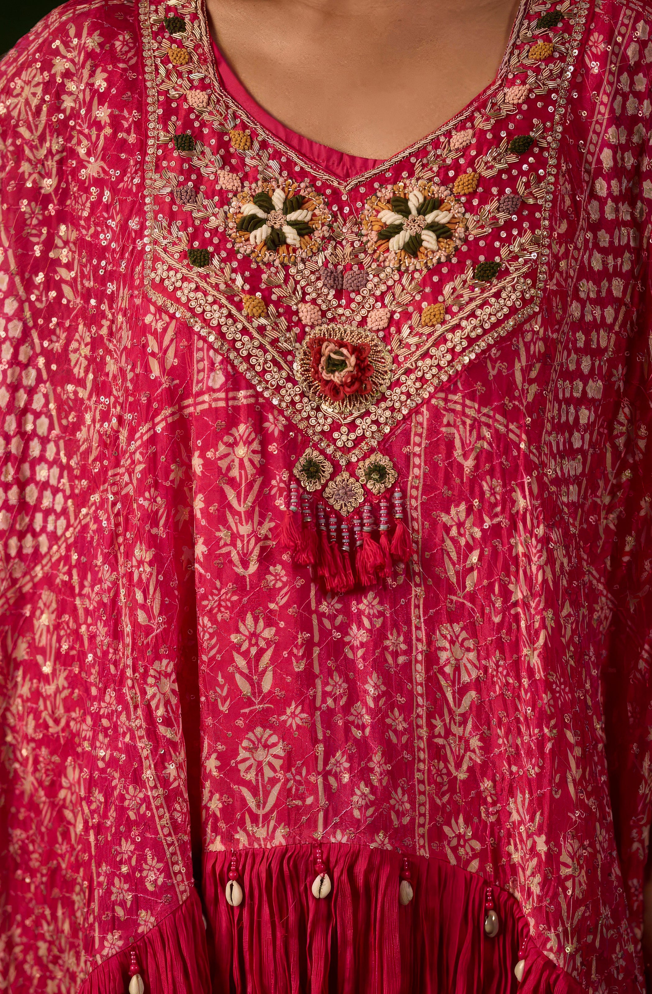 Wine Pink Embellished Chinon Silk Kaftan Set