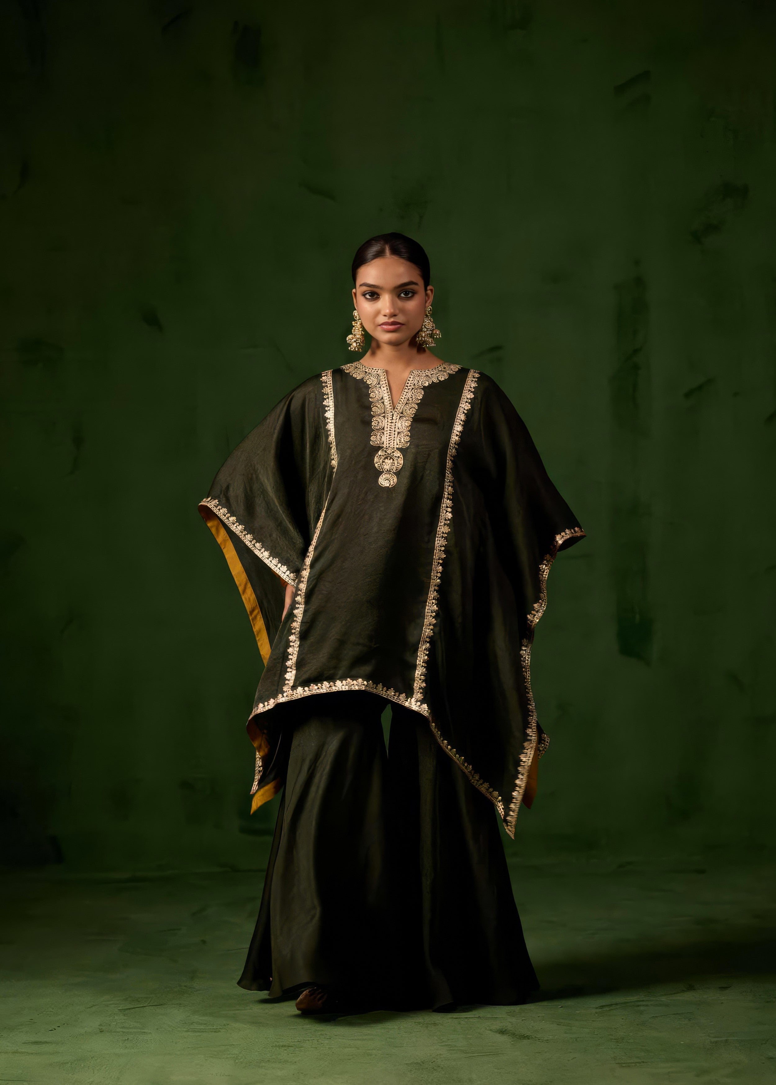 Deep Green Embellished Premium Silk Kaftan Set