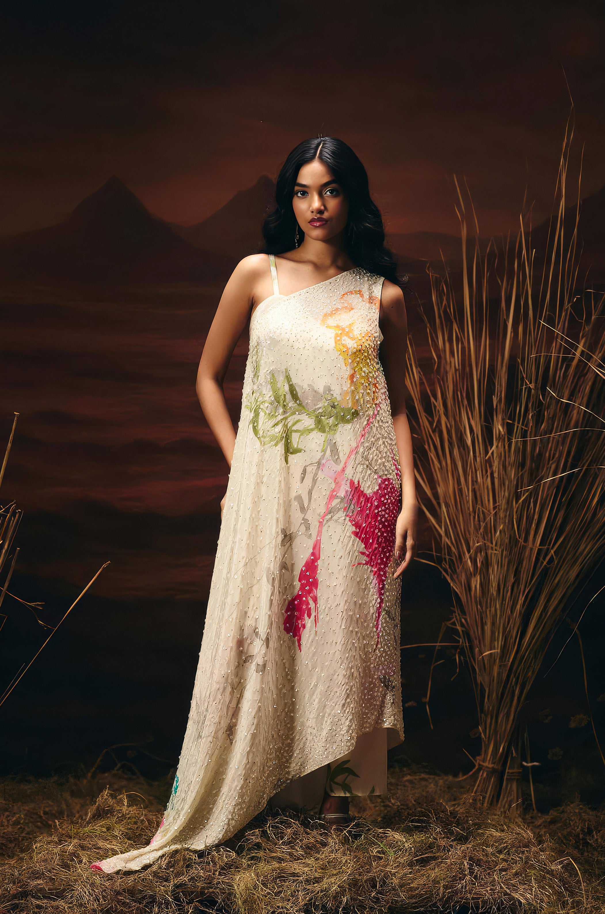 Off-White Embellished Satin Silk Kaftan Set