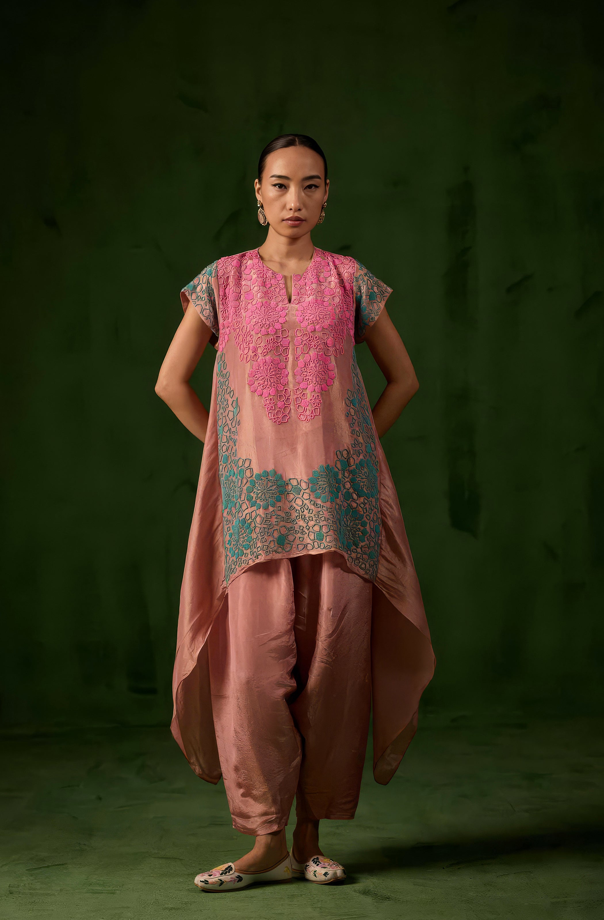 Blush Peach Embellished Shimmer Organza Silk Co-Ord Set
