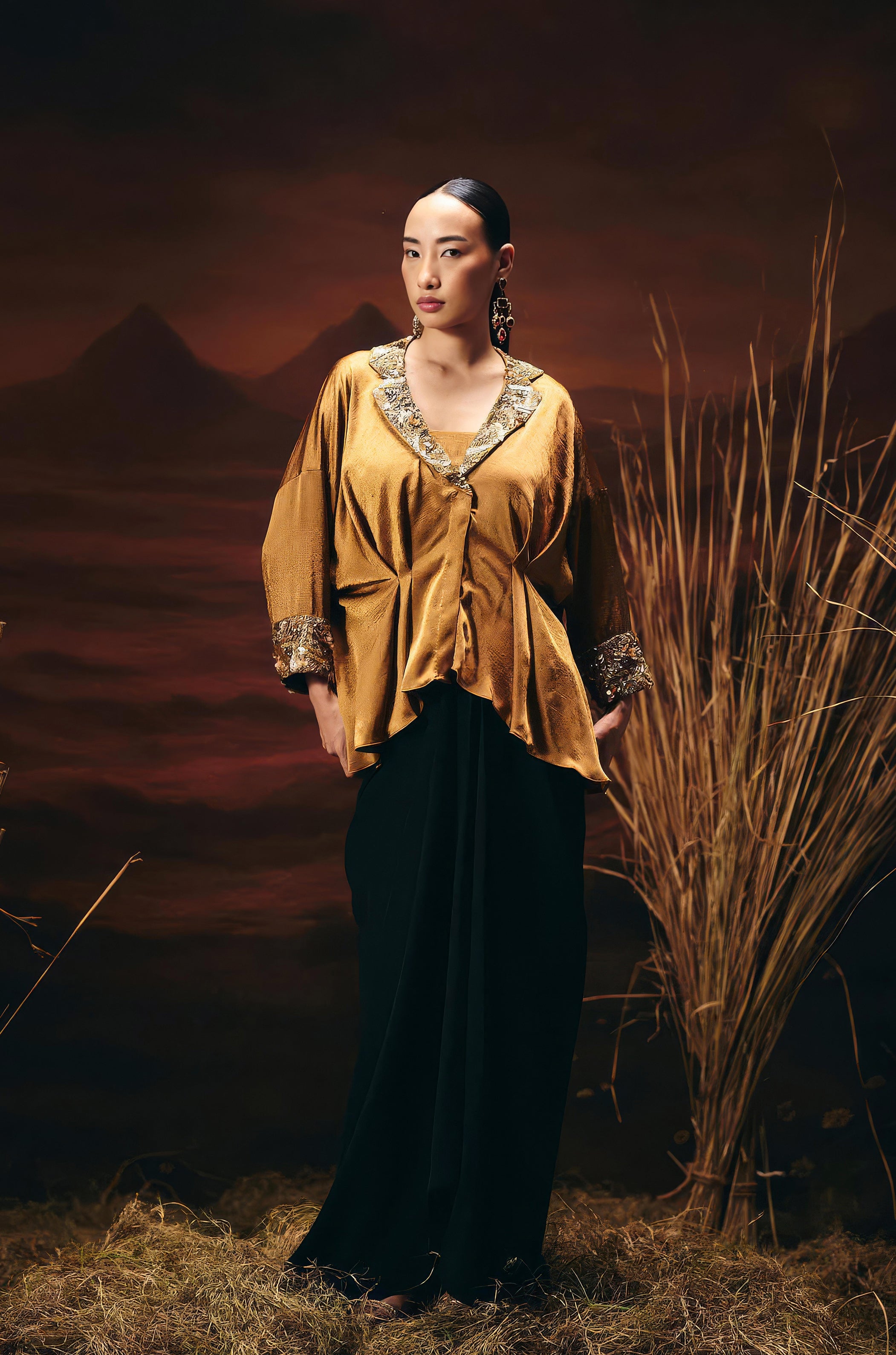 Antique Gold Embellished Satin Silk Skirt Set
