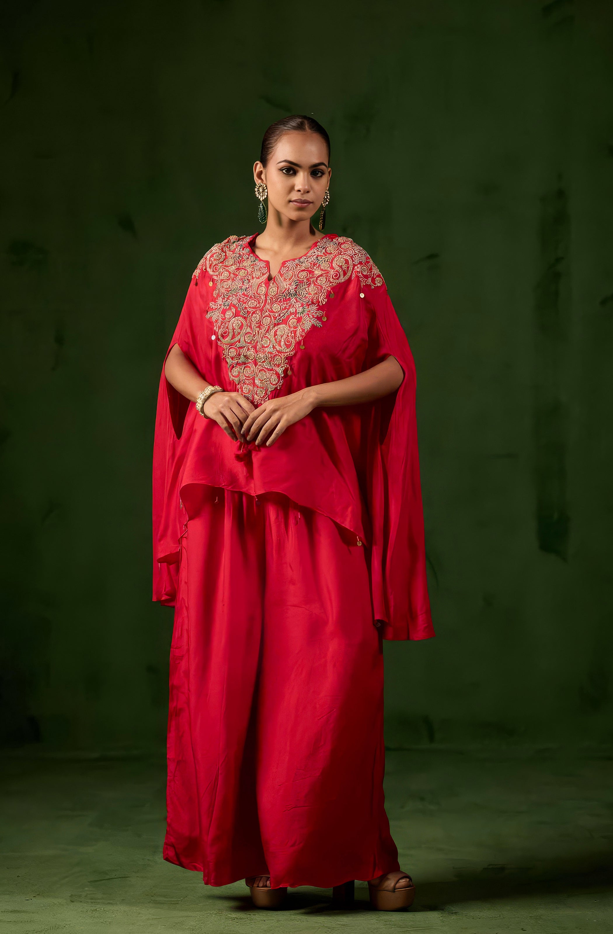 Vibrant Red Embellished Raw Silk Palazzo Set