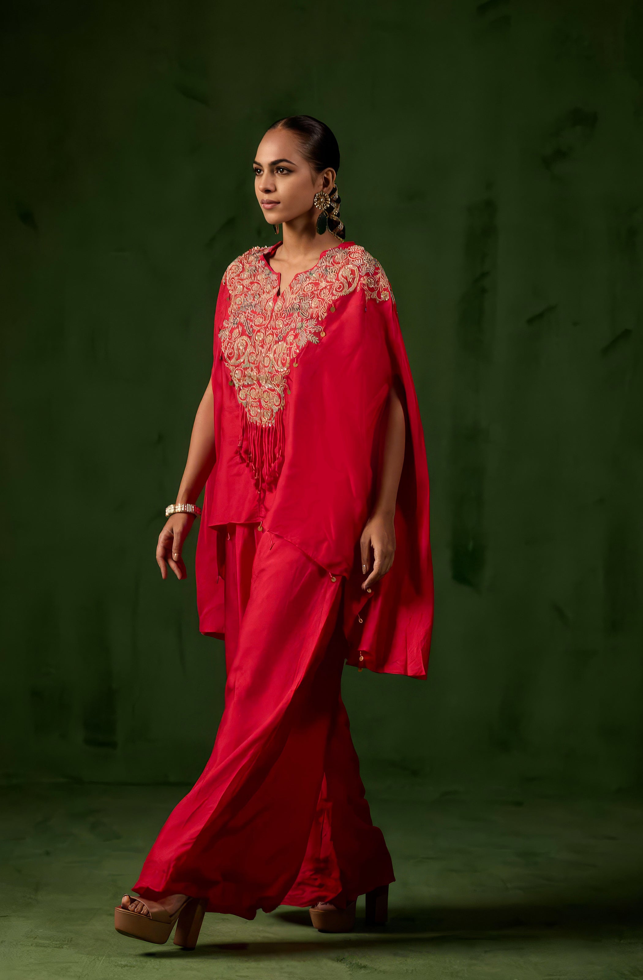 Vibrant Red Embellished Raw Silk Palazzo Set