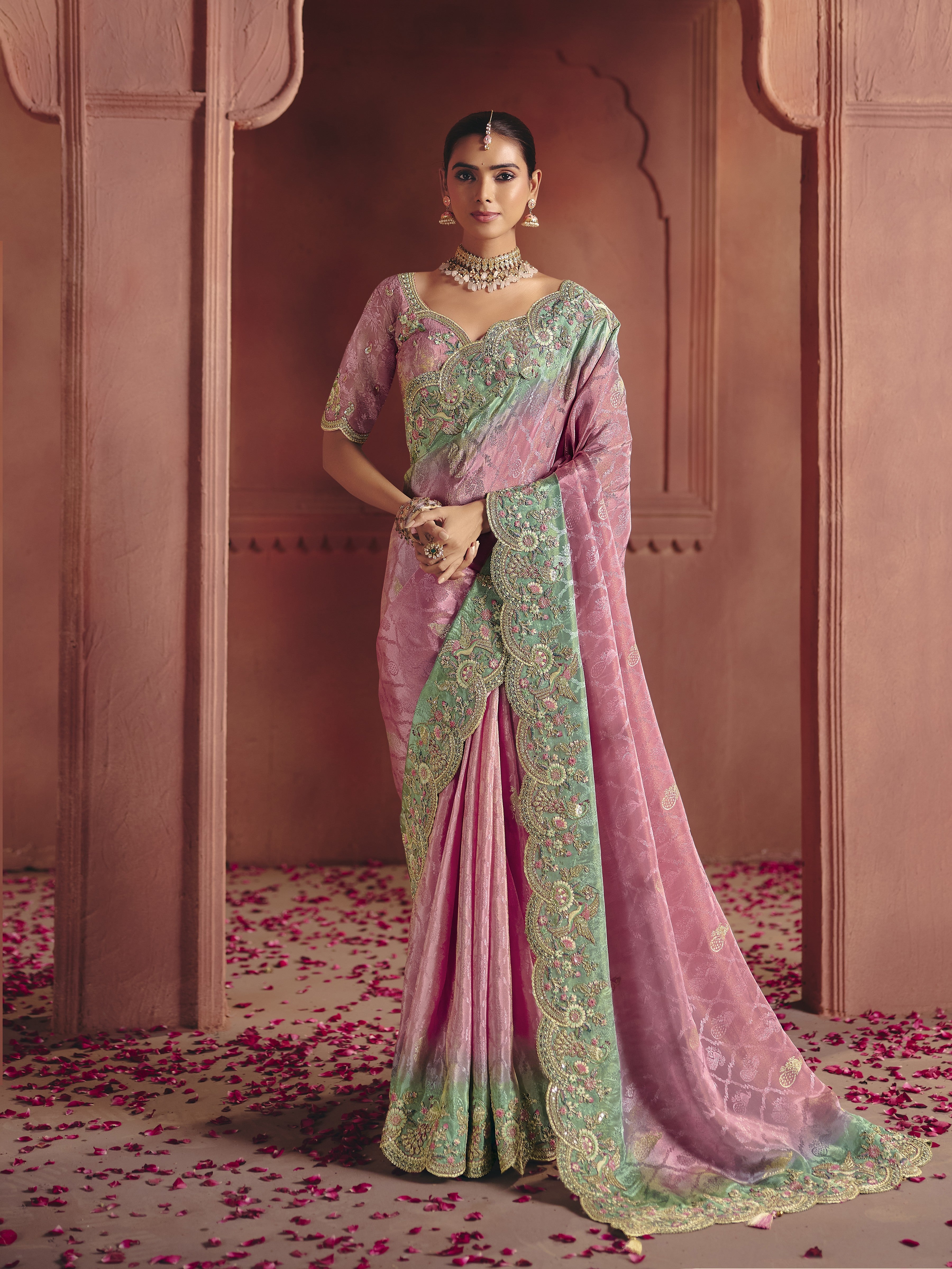 Pink Paradise Embellished Shimmer Tissue Silk Saree