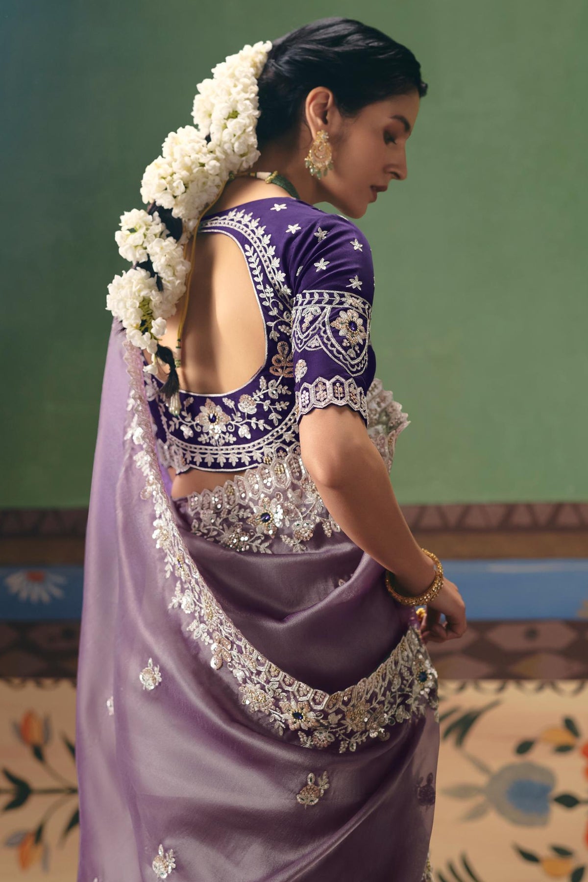 Dusty Lilac Embellished Tissue Silk Saree