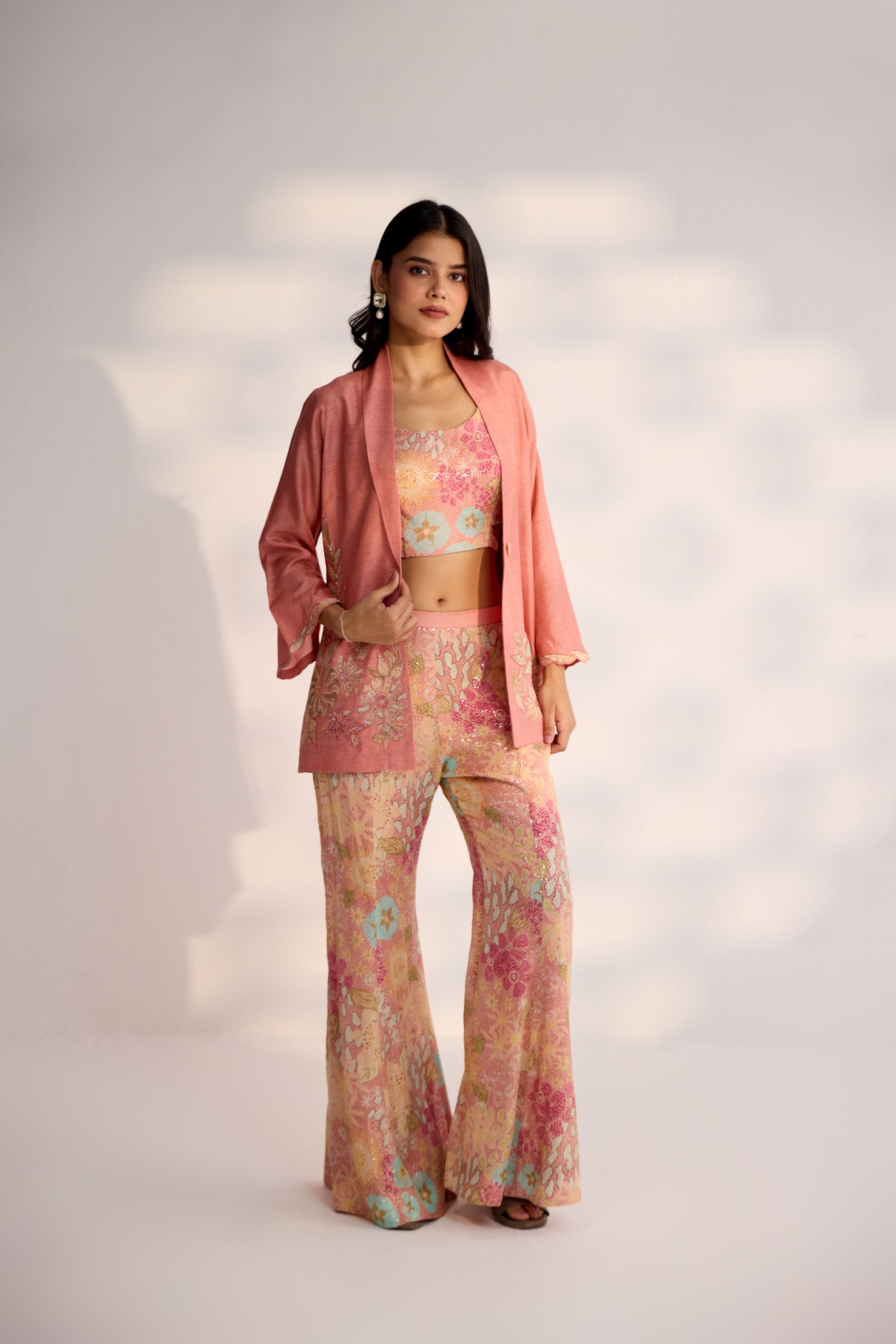 Peach Embellished Premium Silk Jacket Palazzo Set