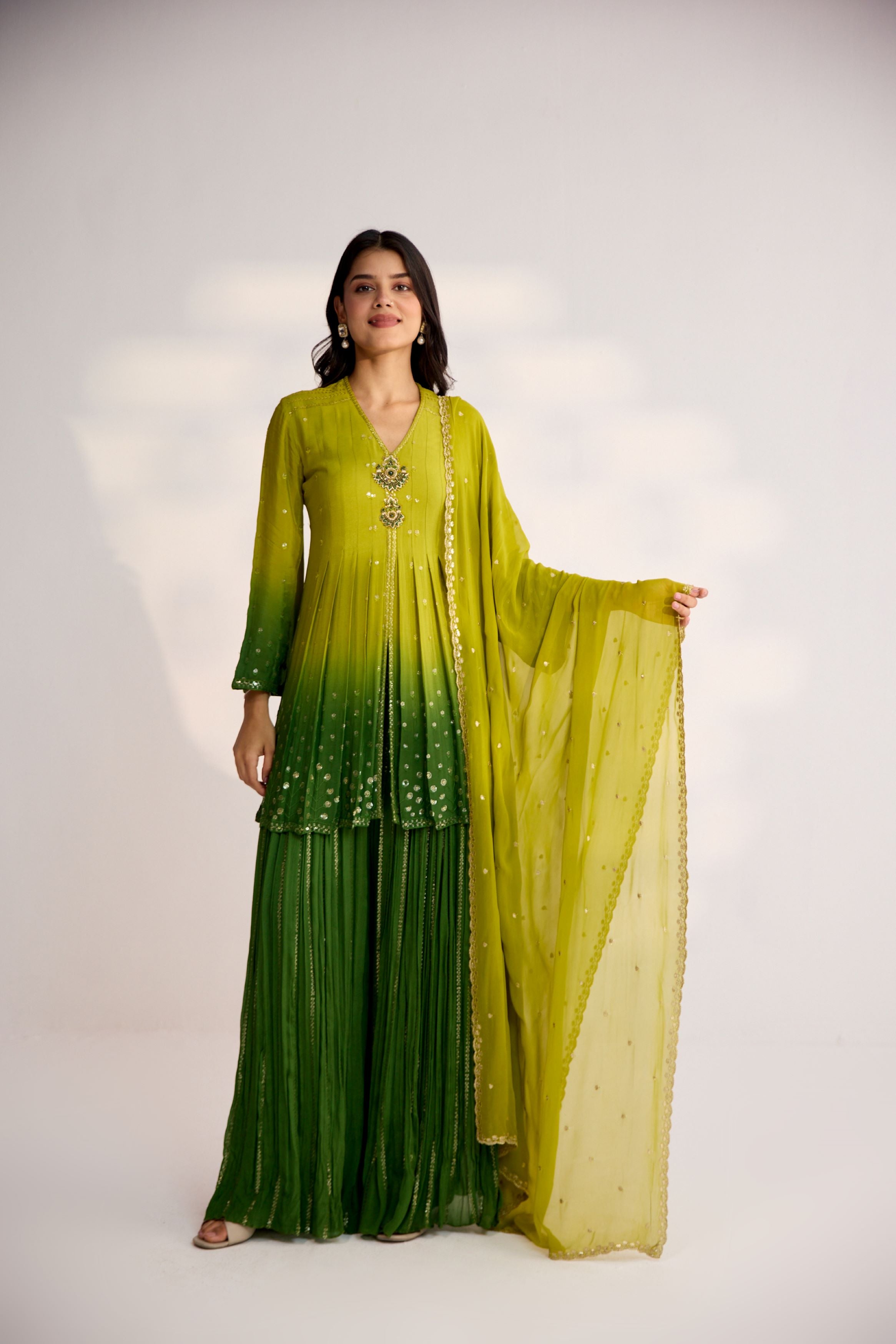 Pear Green Embellished Georgette Silk Sharara Set