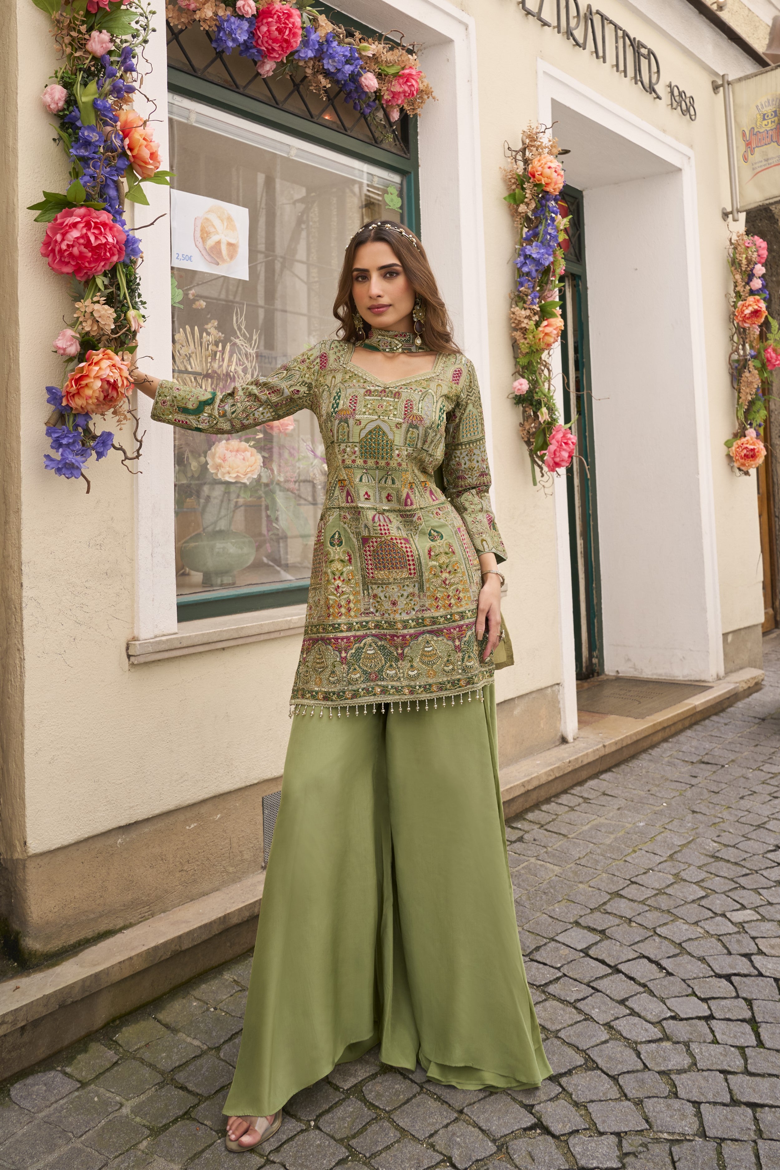 Green Embroidered Palazzo Set