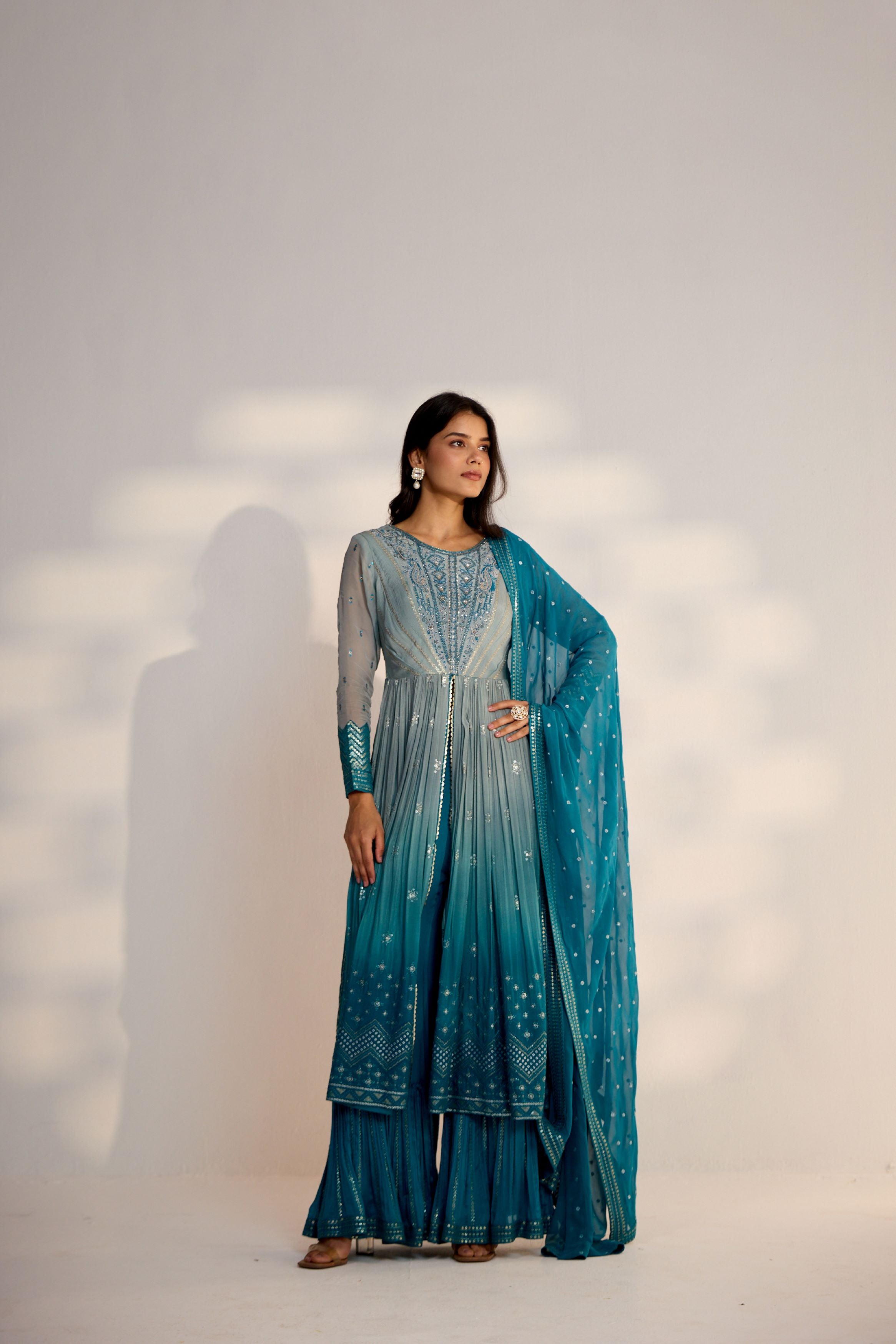 Teal Ombre-Dyed Georgette Silk Sharara Set