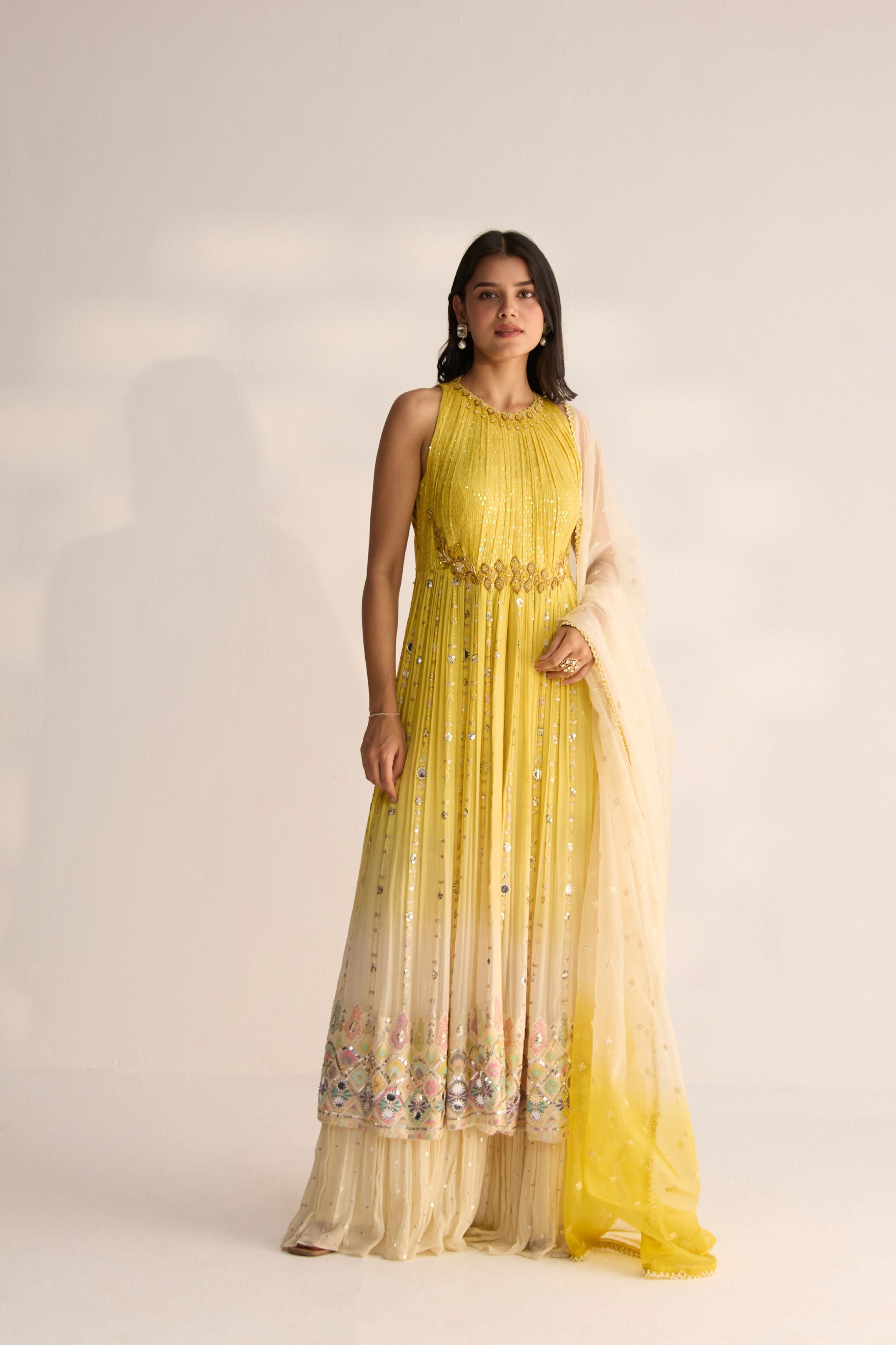 Yellow Ombre-Dyed Georgette Silk Sharara Set