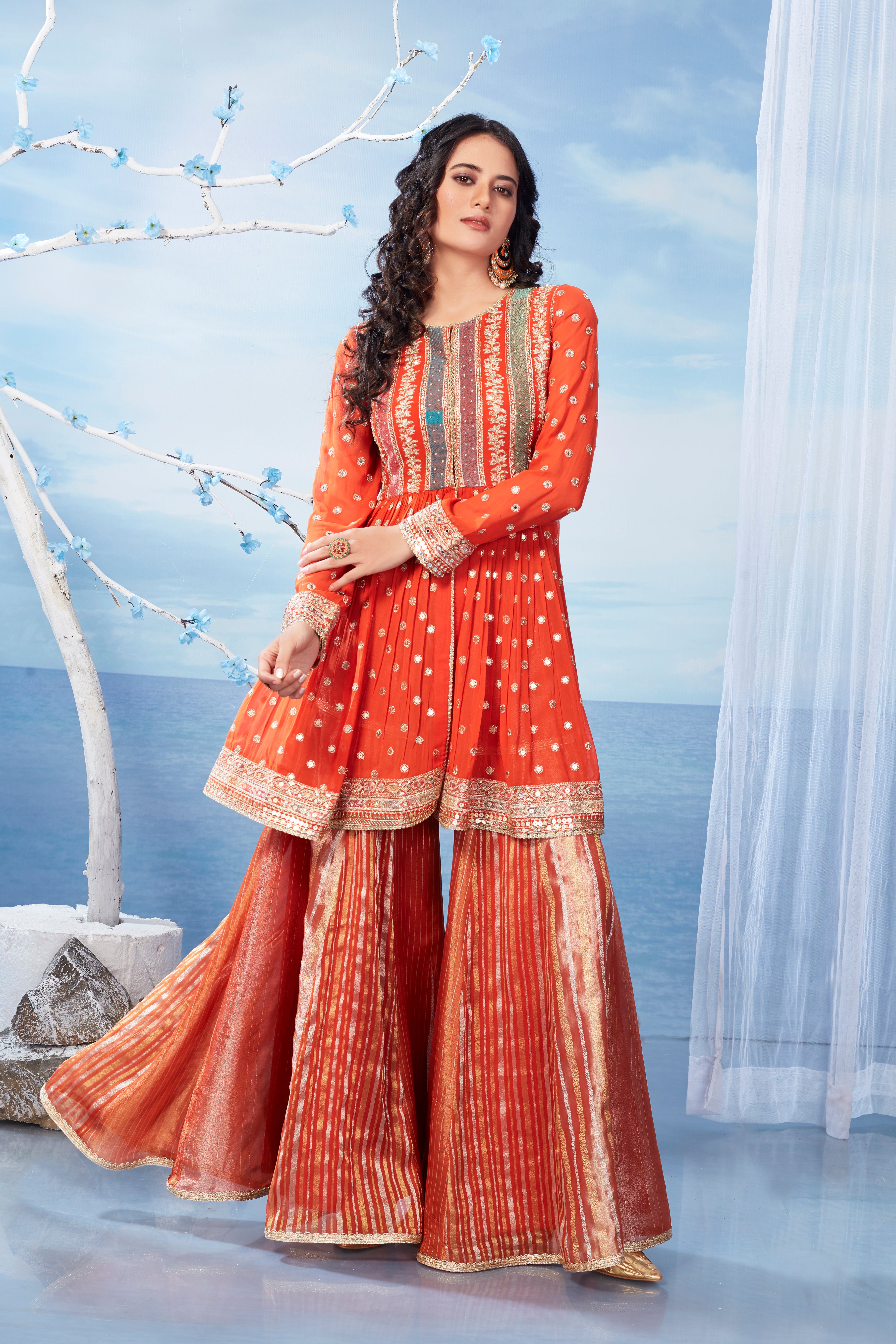 Rustic Red Embellished Premium Silk Kurta Sharara Set