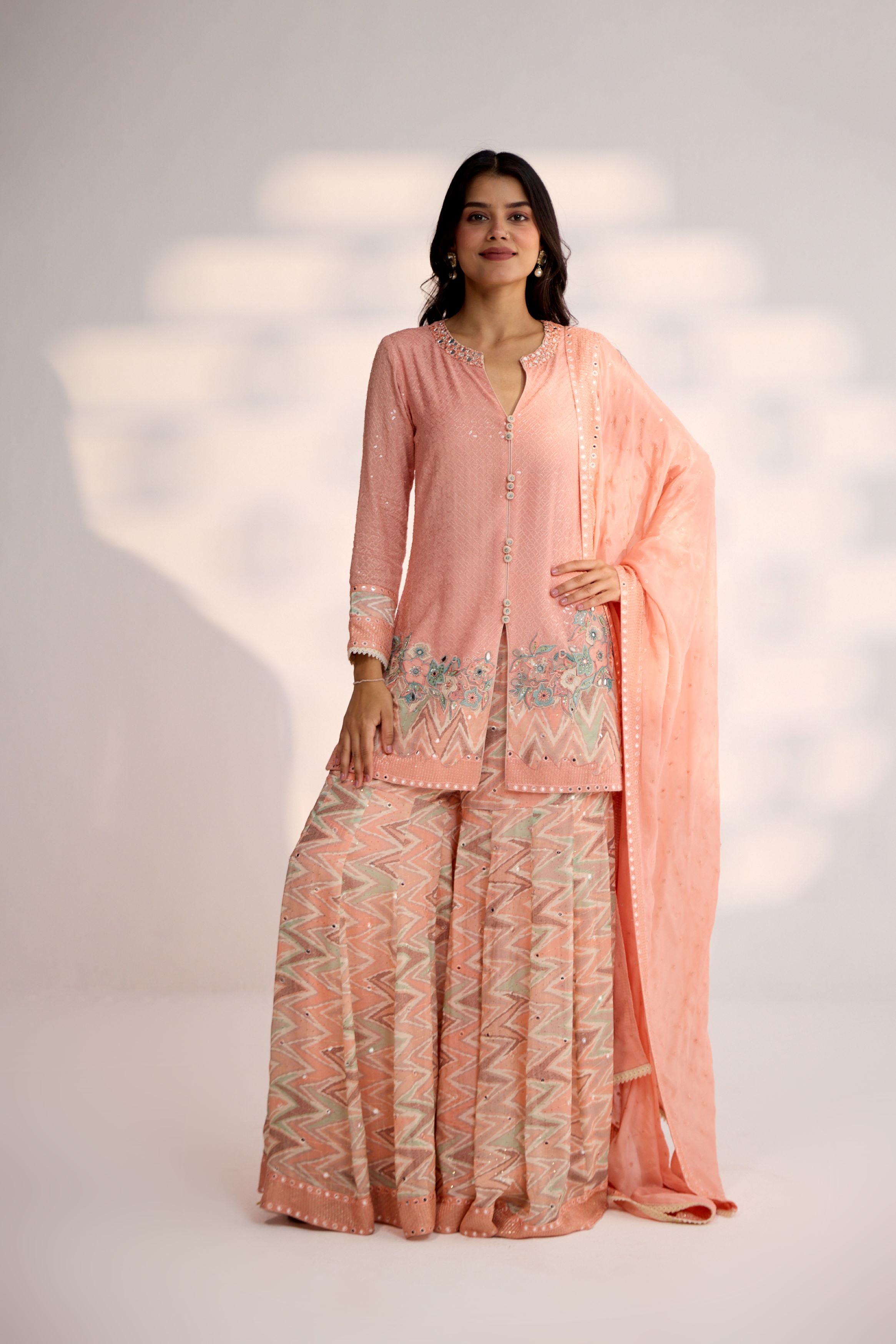 Peach Embellished Pure Georgette Sharara Set