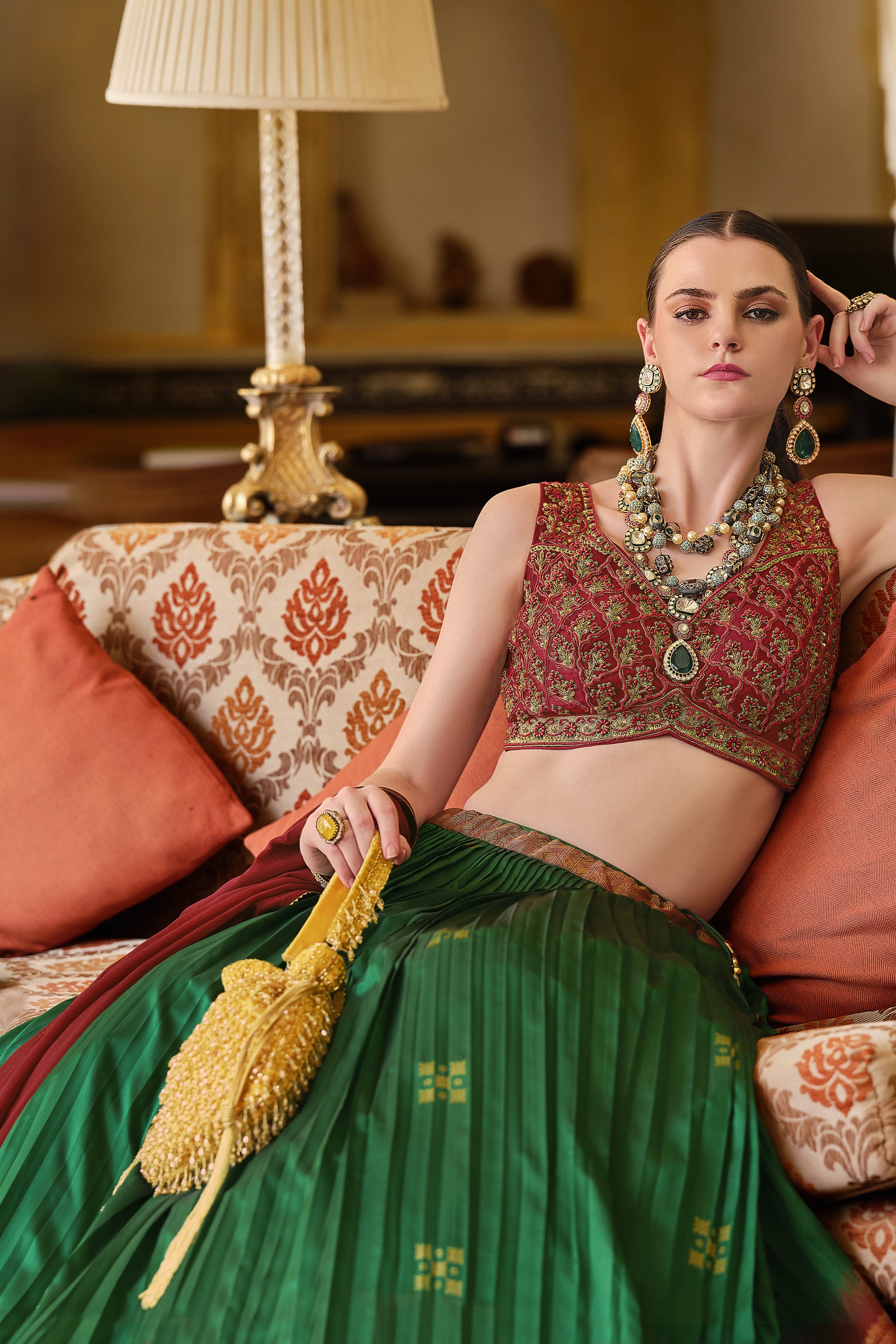 Green Golden Banarasi Silk Lehenga Set