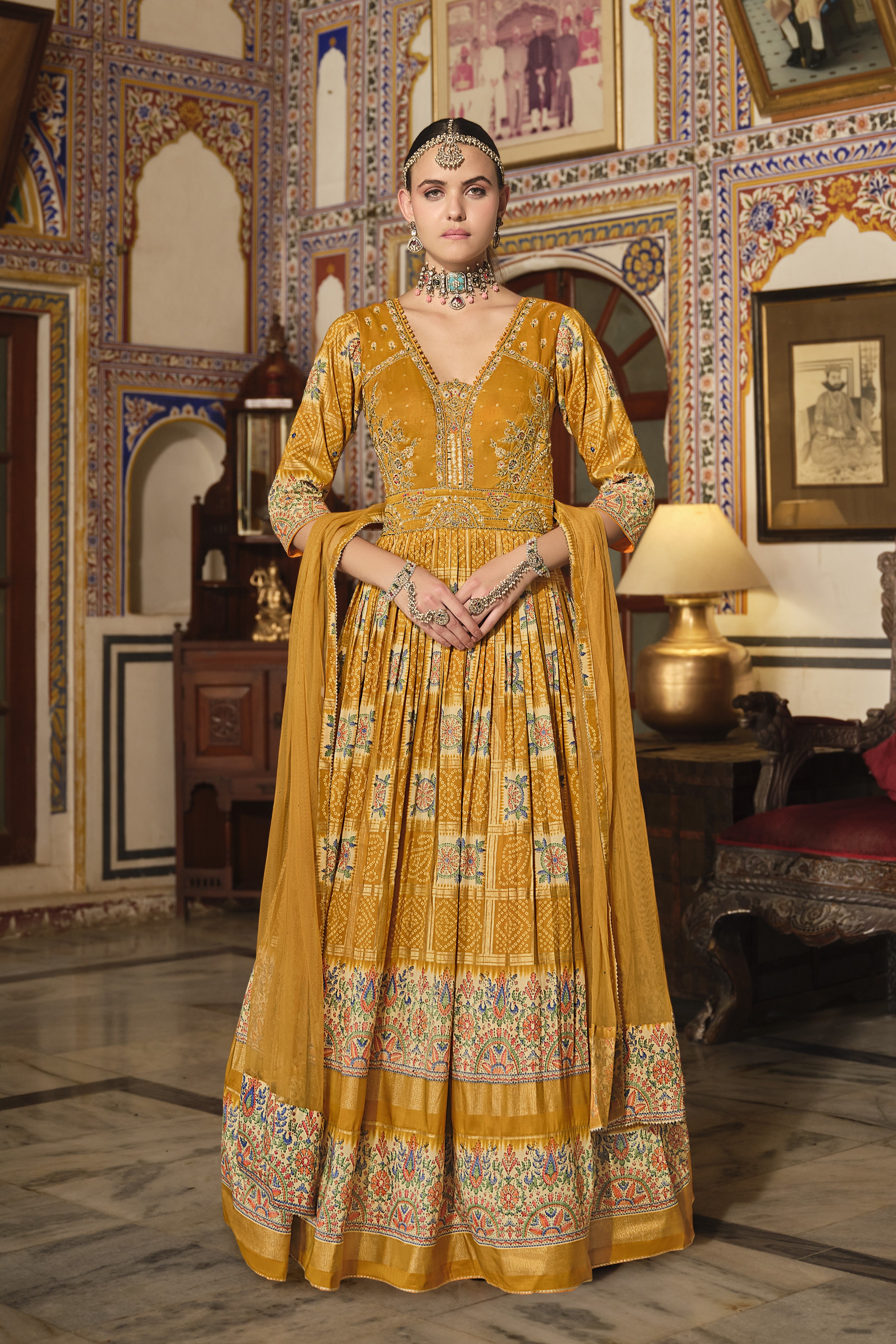 Mustard Bandhani Printed Premium Silk Anarkali Set