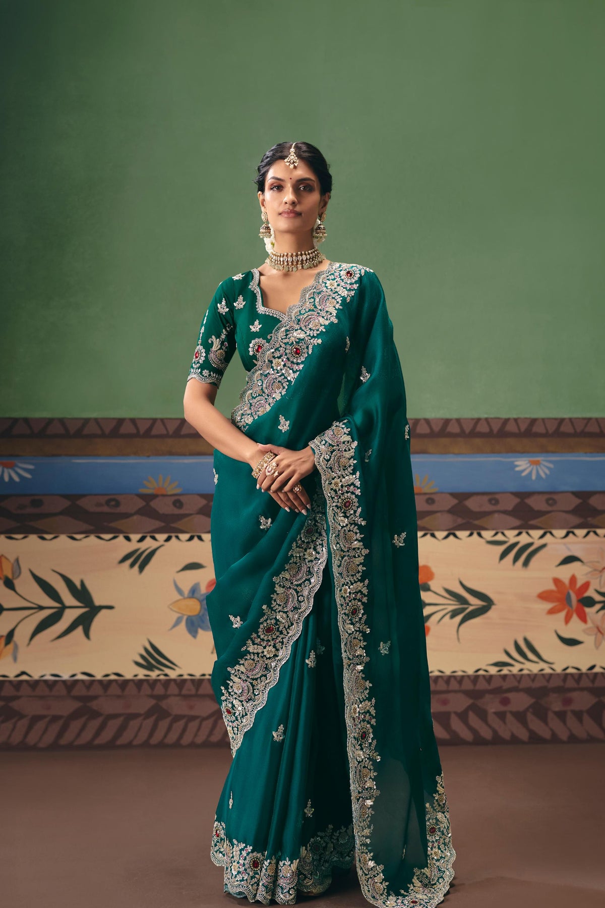Rama Green Embellished Tissue Silk Saree