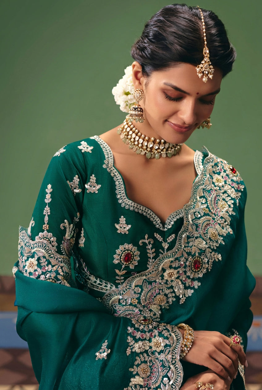 Rama Green Embellished Tissue Silk Saree
