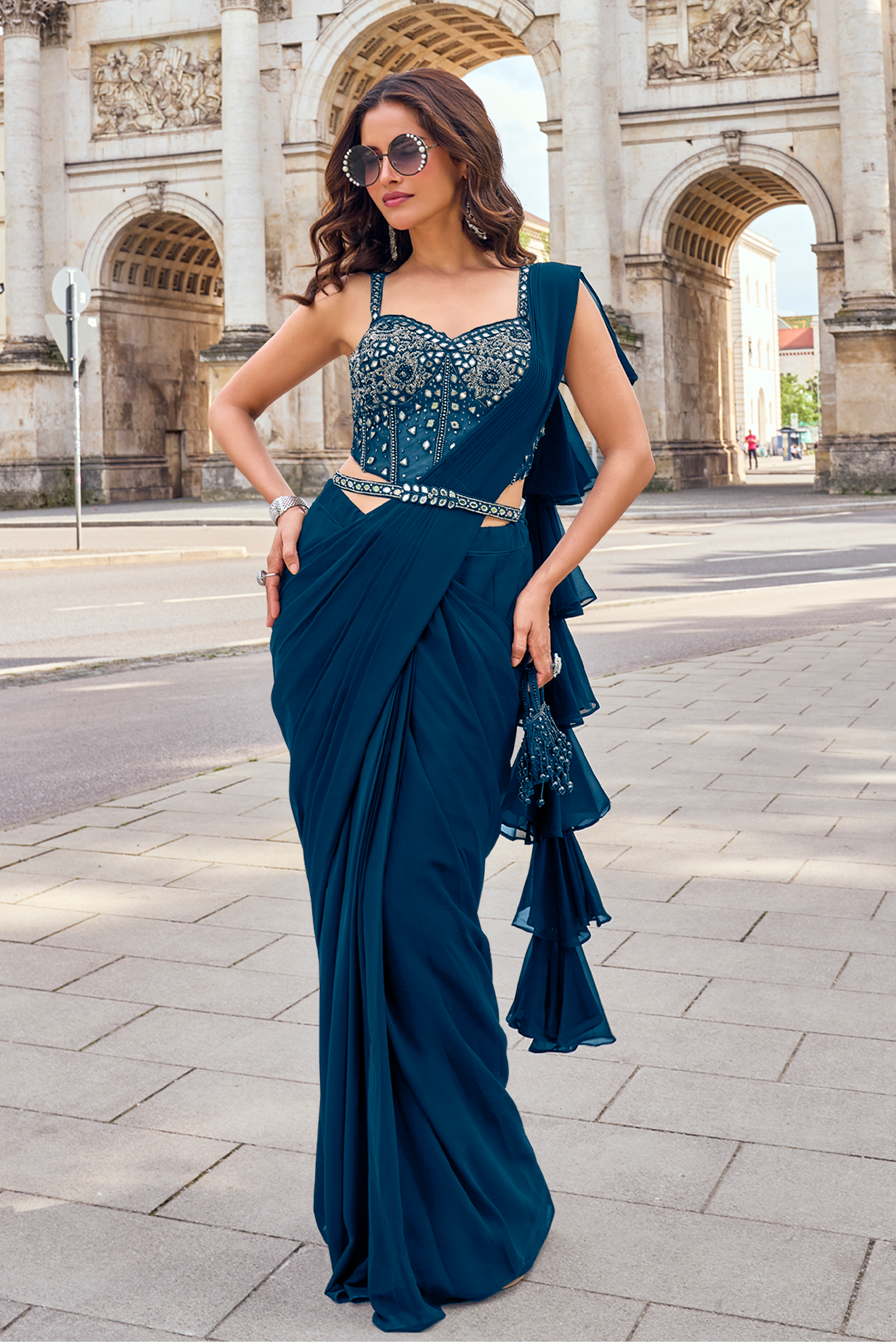 Teal Blue Embellished Georgette Silk Draped Saree