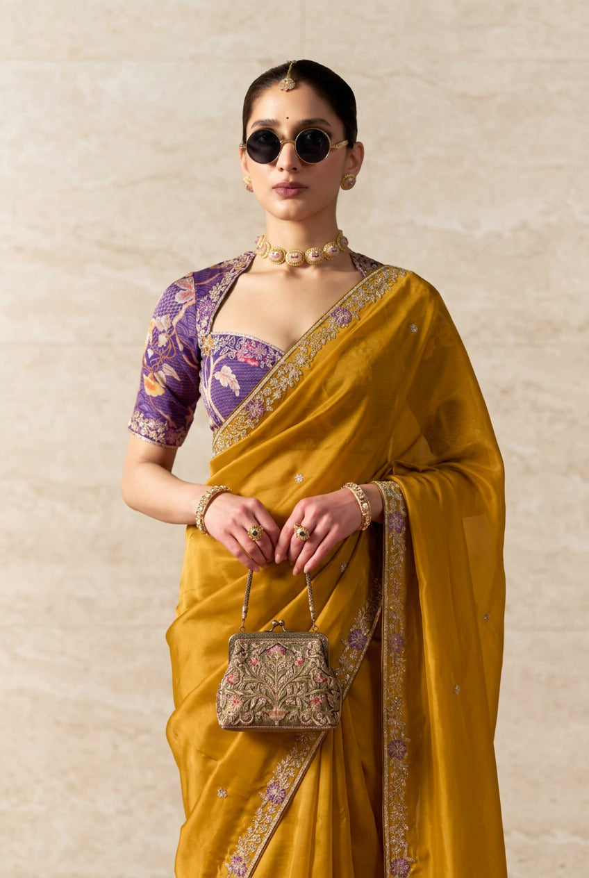 Mustard Embellished Tissue Silk Saree