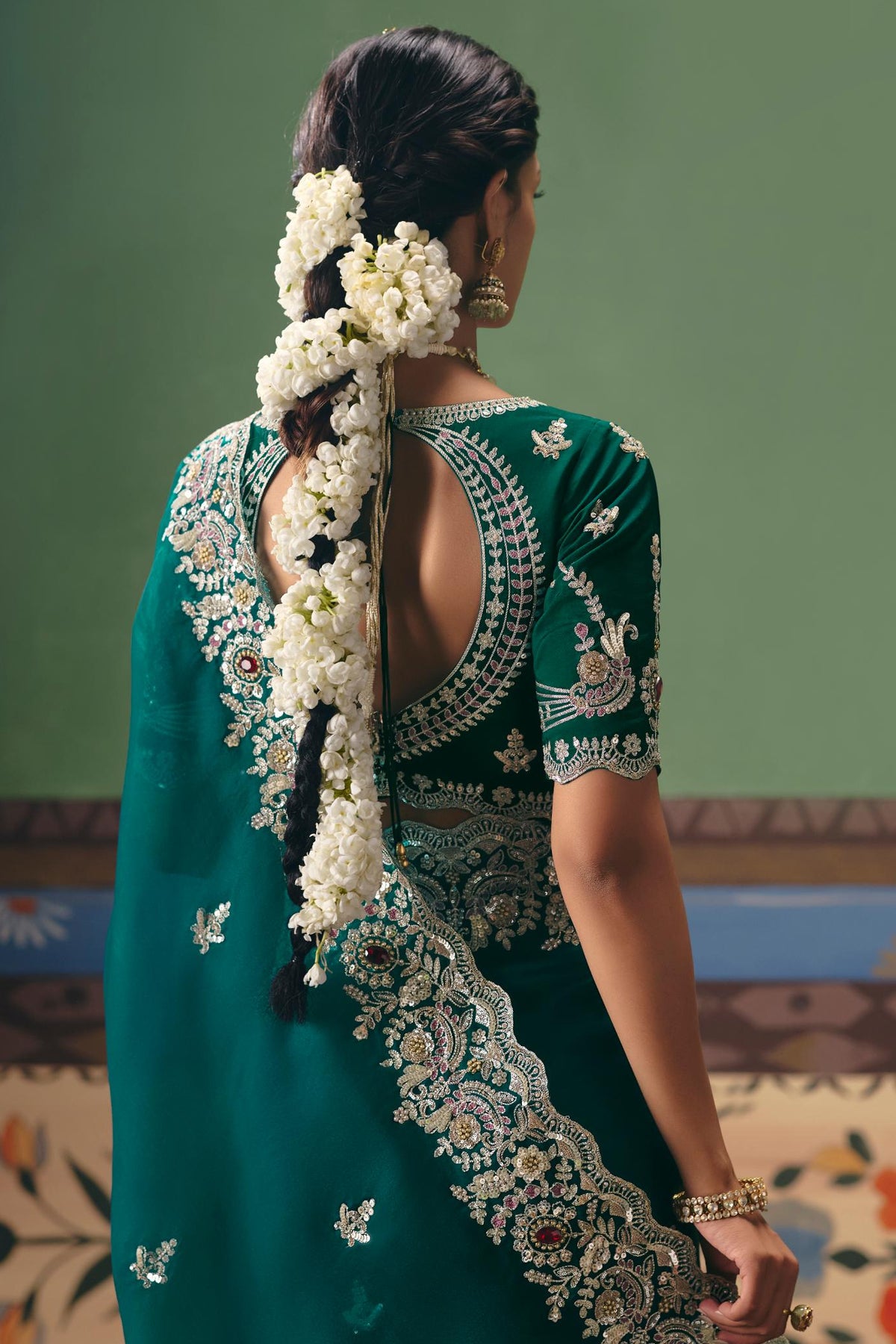 Rama Green Embellished Tissue Silk Saree