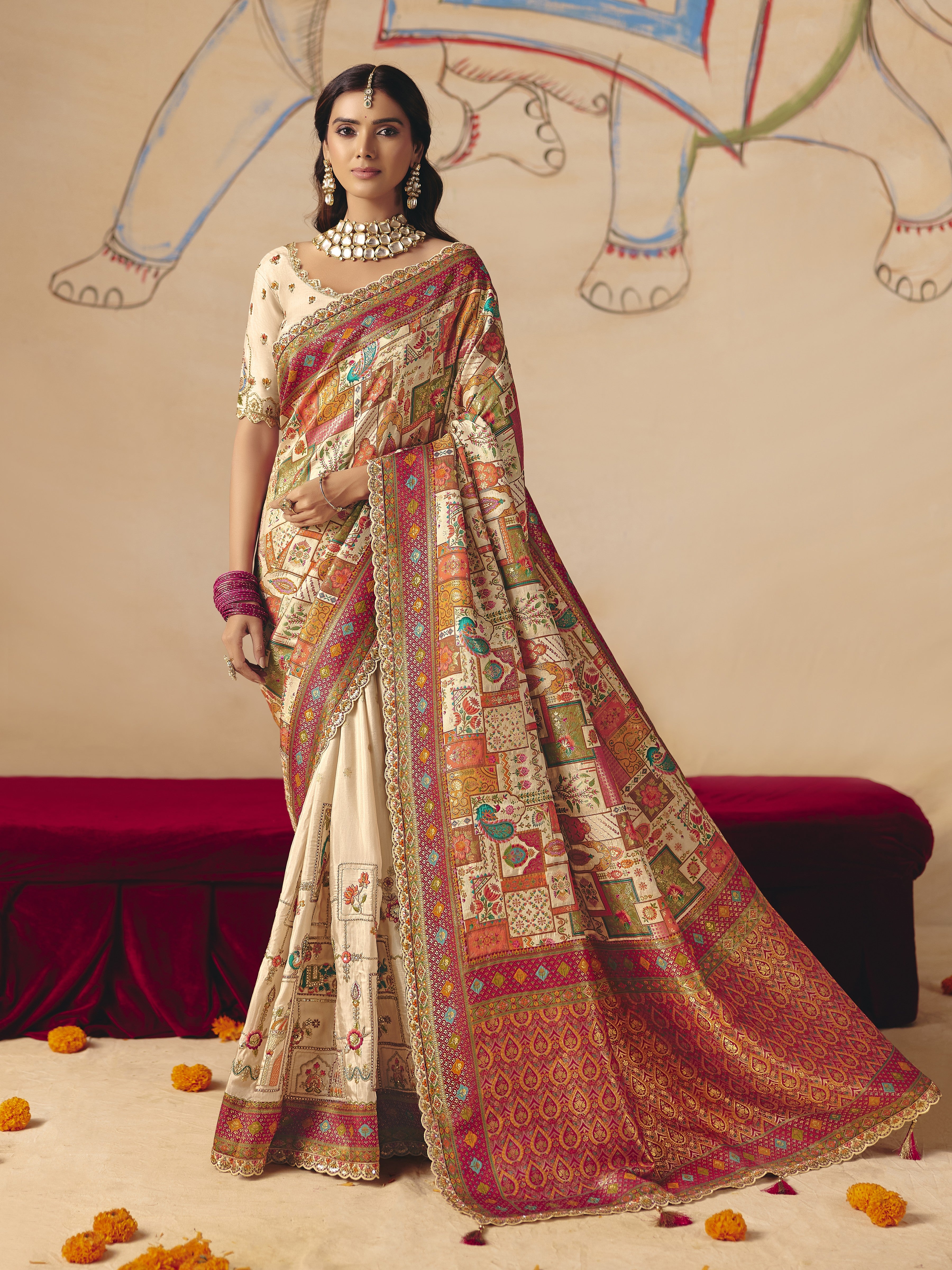 Off White Embellished Dola Silk Saree