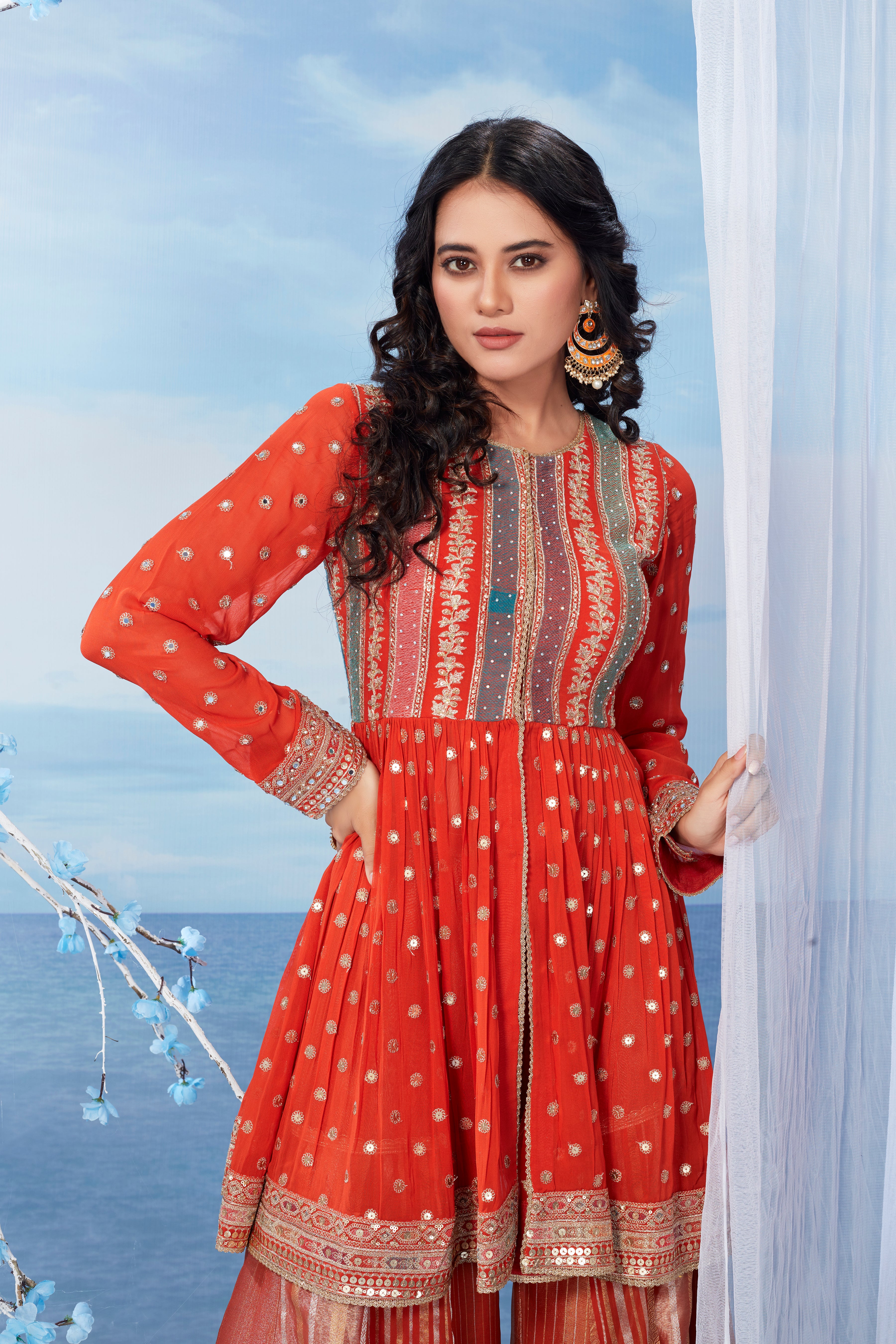 Rustic Red Embellished Premium Silk Kurta Sharara Set