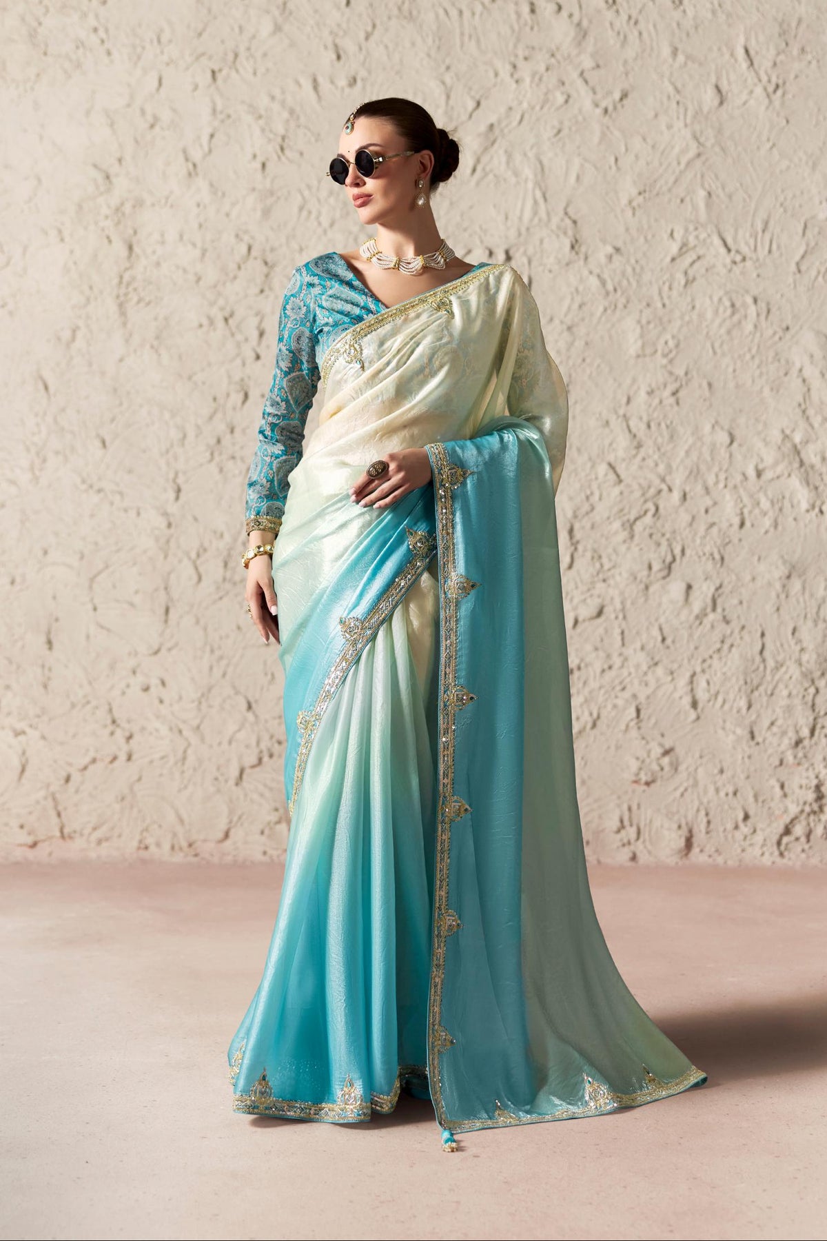 Blue Mist Ombre Embellished Tissue Silk Saree