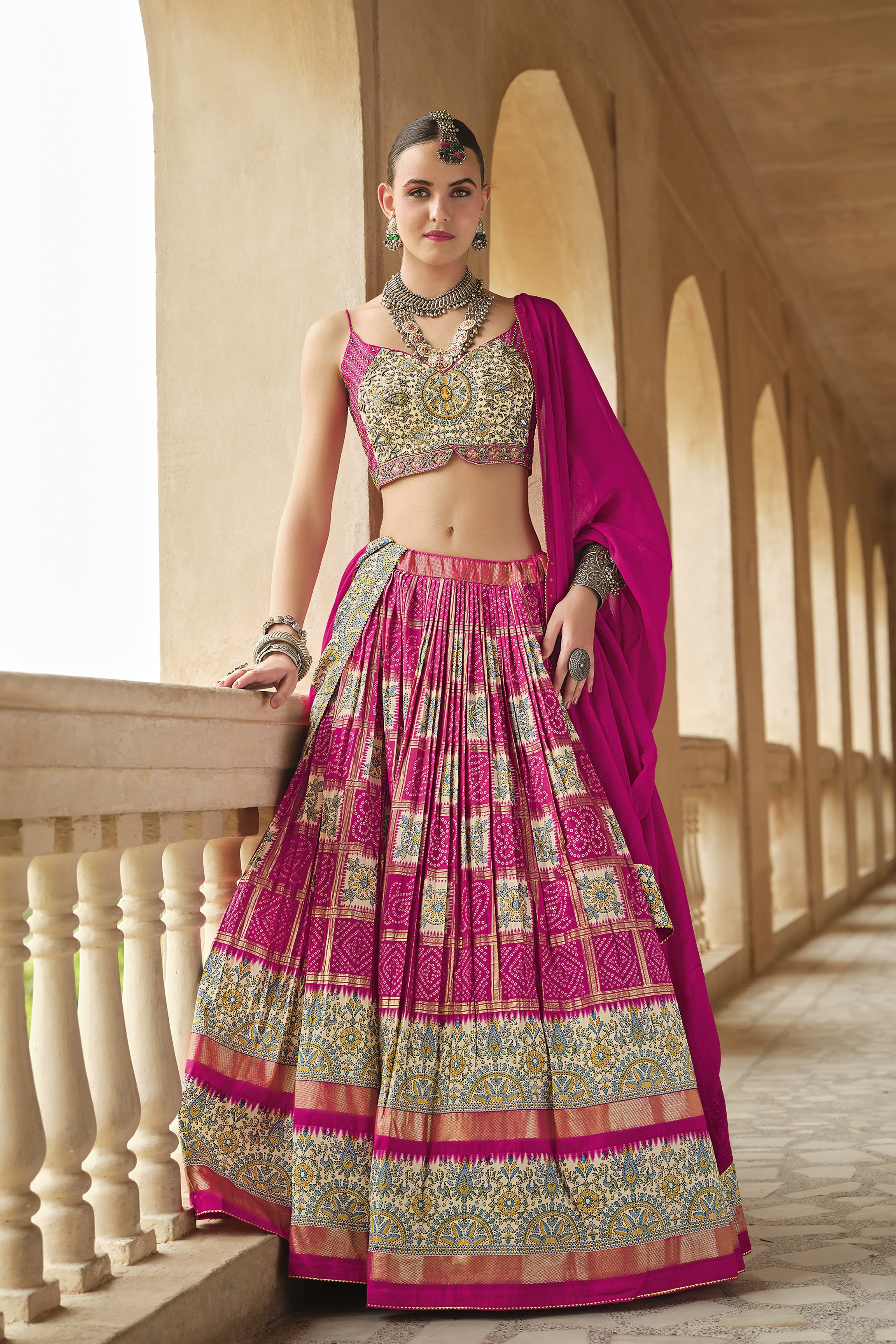 Pink Bandhani Printed Premium Silk Lehenga Set