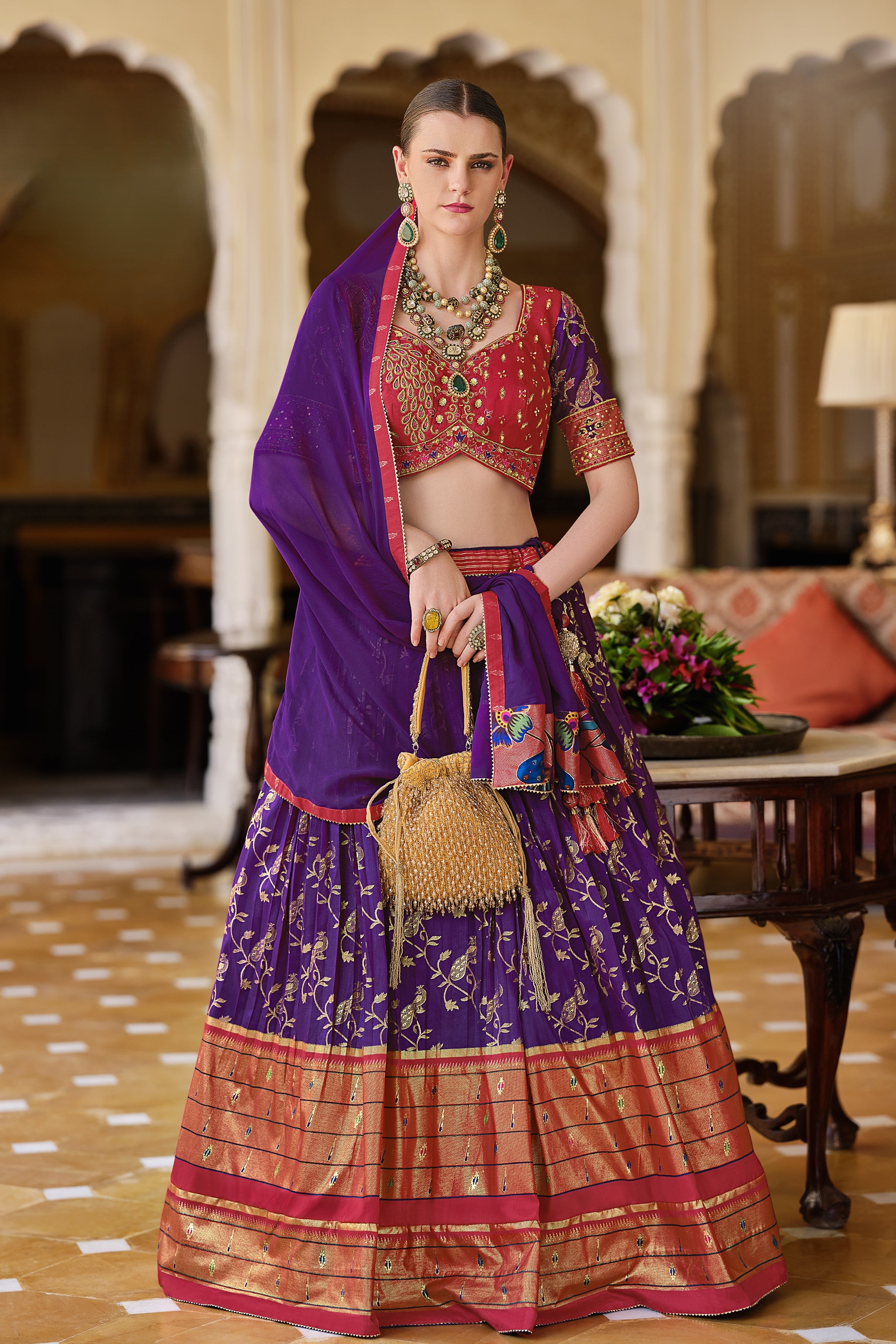 Violet Floral Printed Premium Silk Lehenga Set